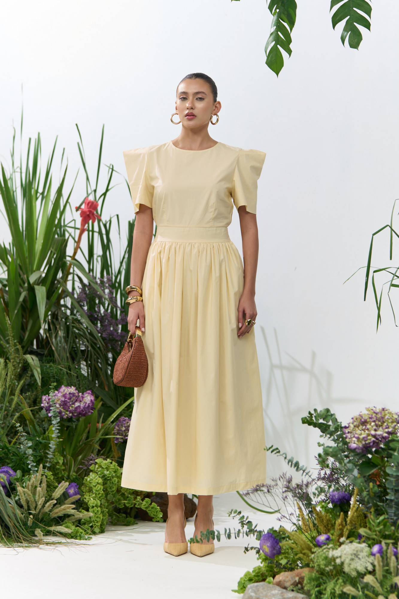 ATELIER RIVIERA SOLID BUTTERMILK COTTON POPLIN MIDI LENGTH DRESS WITH BOX SHAPE SLEEVES