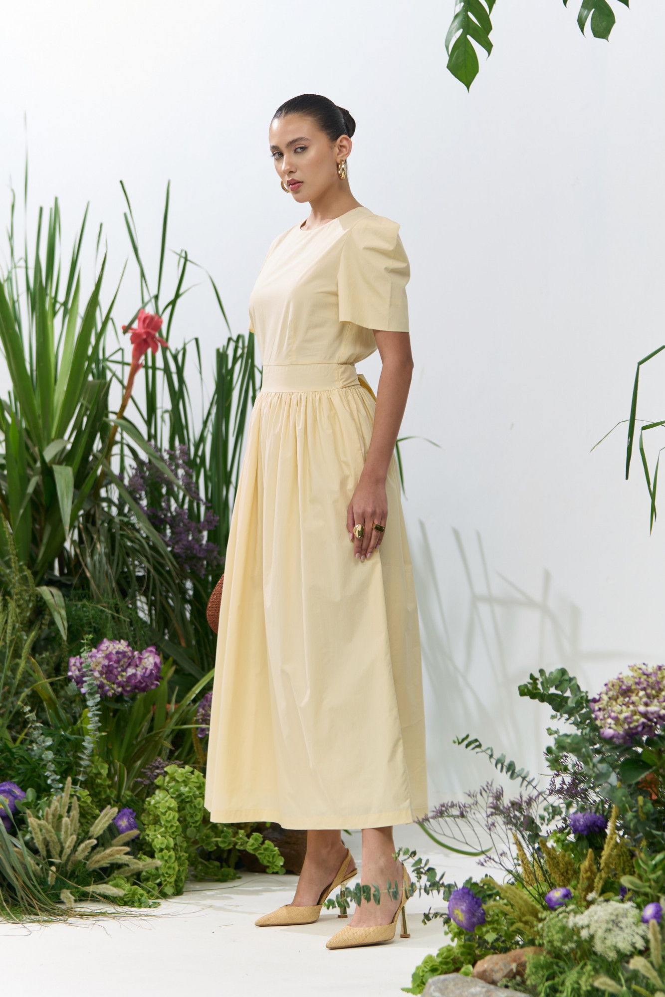 ATELIER RIVIERA SOLID BUTTERMILK COTTON POPLIN MIDI LENGTH DRESS WITH BOX SHAPE SLEEVES