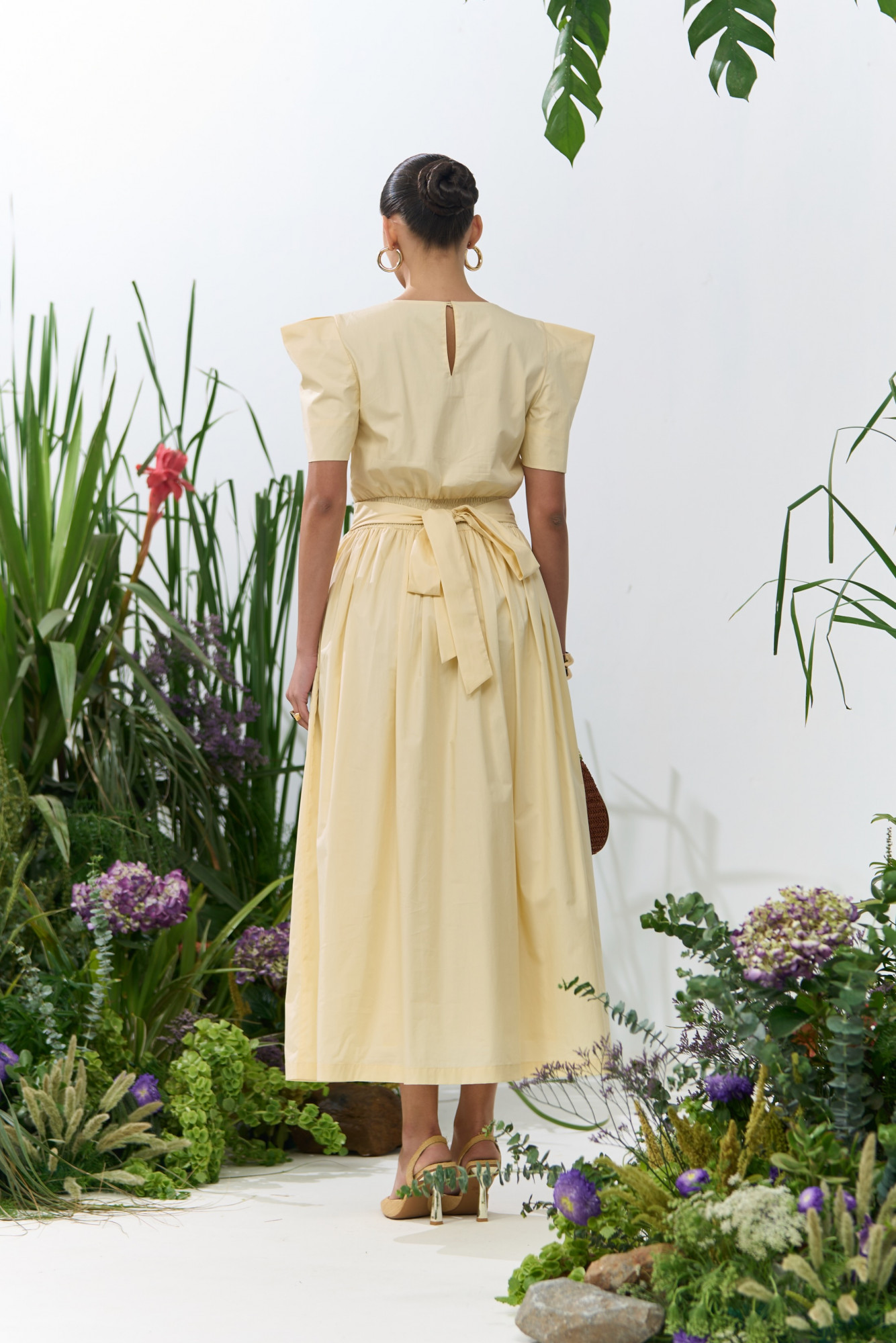 ATELIER RIVIERA SOLID BUTTERMILK COTTON POPLIN MIDI LENGTH DRESS WITH BOX SHAPE SLEEVES