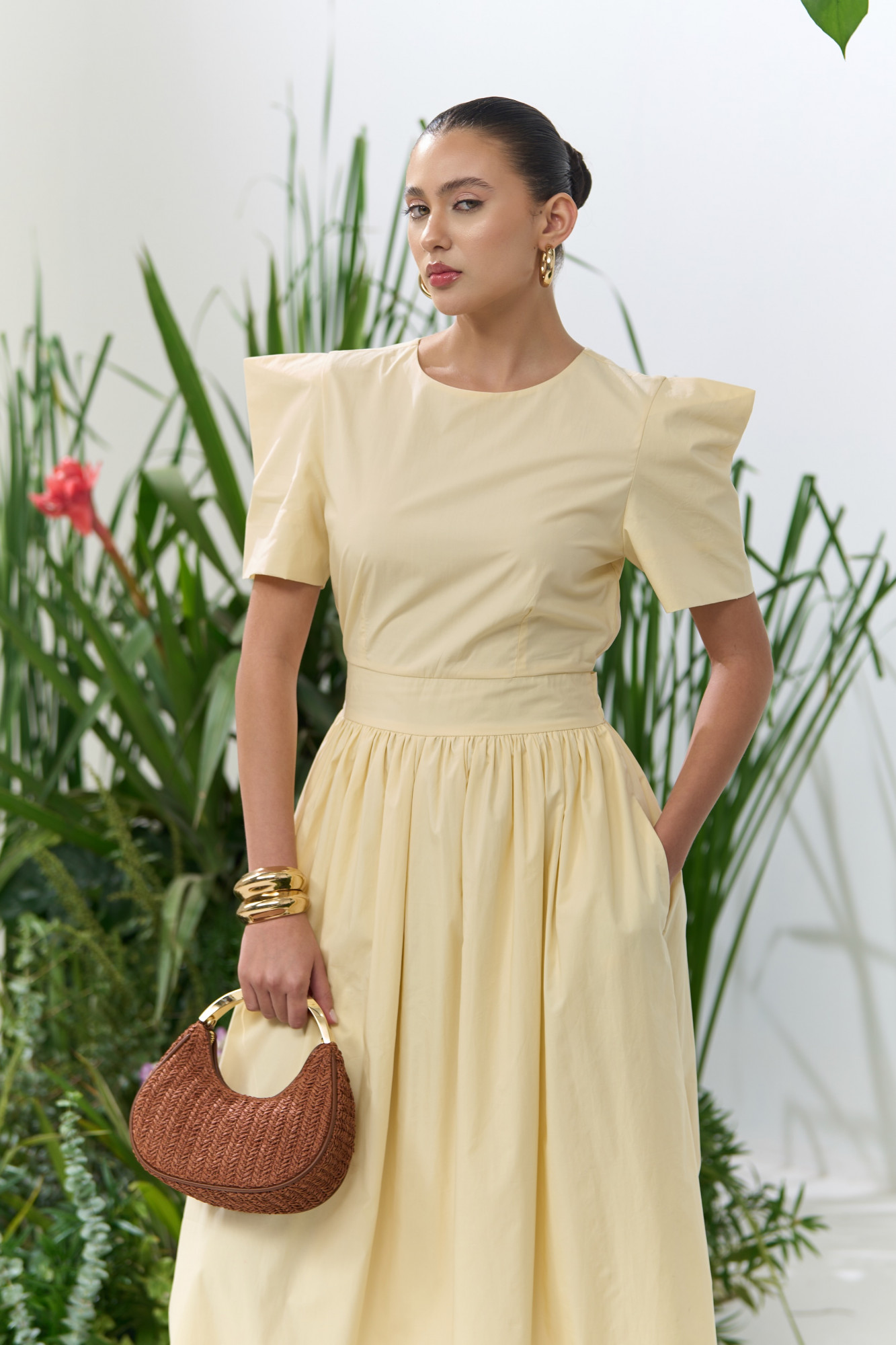 ATELIER RIVIERA SOLID BUTTERMILK COTTON POPLIN MIDI LENGTH DRESS WITH BOX SHAPE SLEEVES