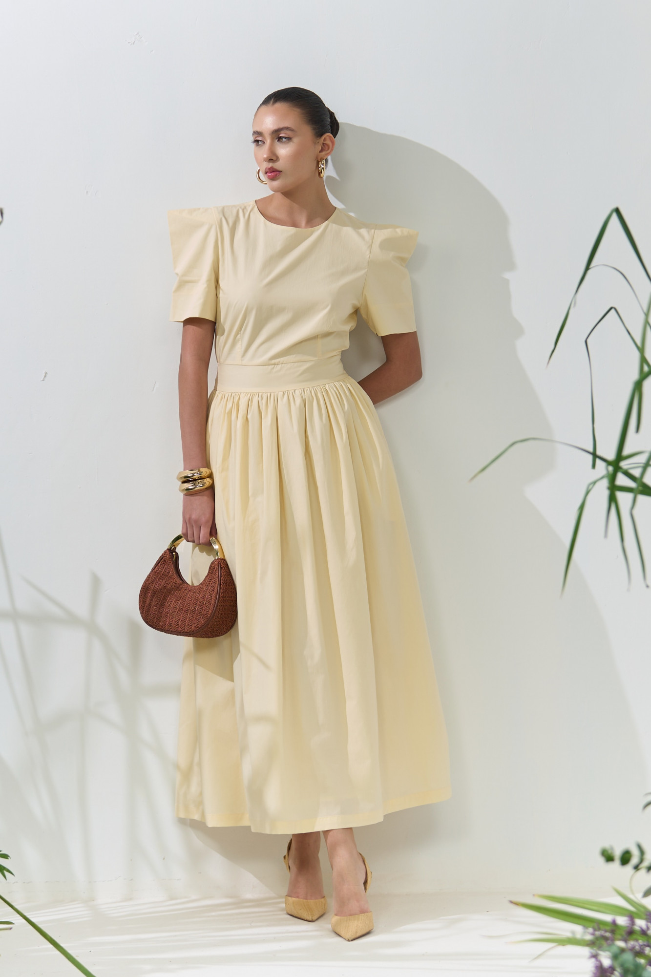 ATELIER RIVIERA SOLID BUTTERMILK COTTON POPLIN MIDI LENGTH DRESS WITH BOX SHAPE SLEEVES