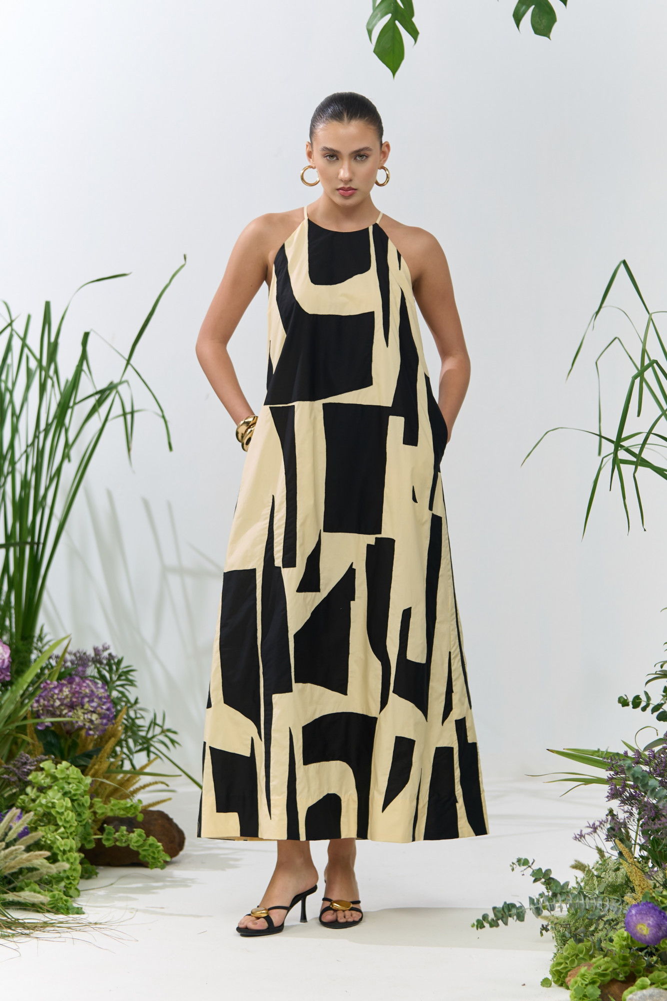 ATELIER RIVIERA BUTTERMILK COLOR POPLIN HALTER CUT MAXI DRESS WITH BLACK FABRIC PATCH WORK