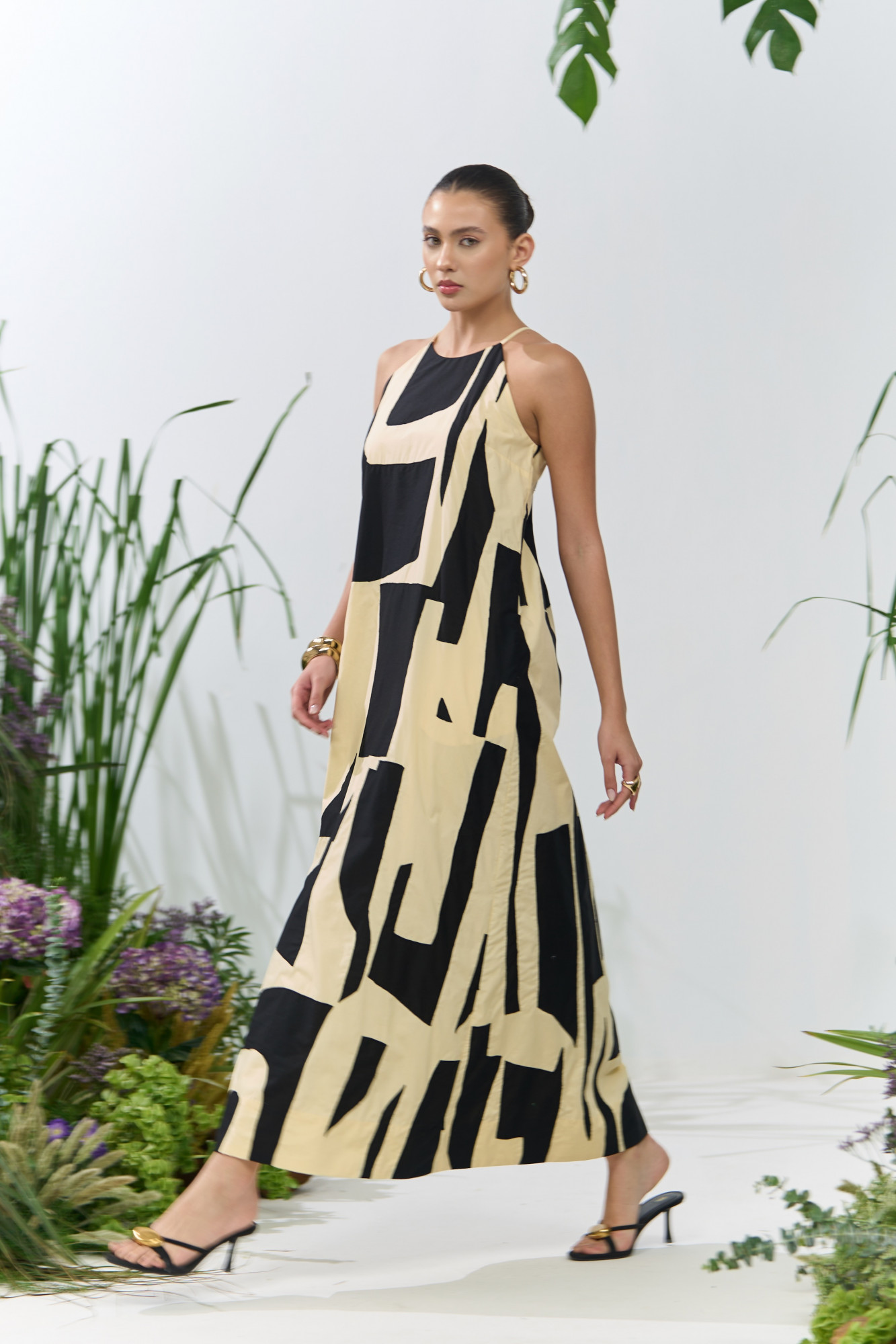 ATELIER RIVIERA BUTTERMILK COLOR POPLIN HALTER CUT MAXI DRESS WITH BLACK FABRIC PATCH WORK