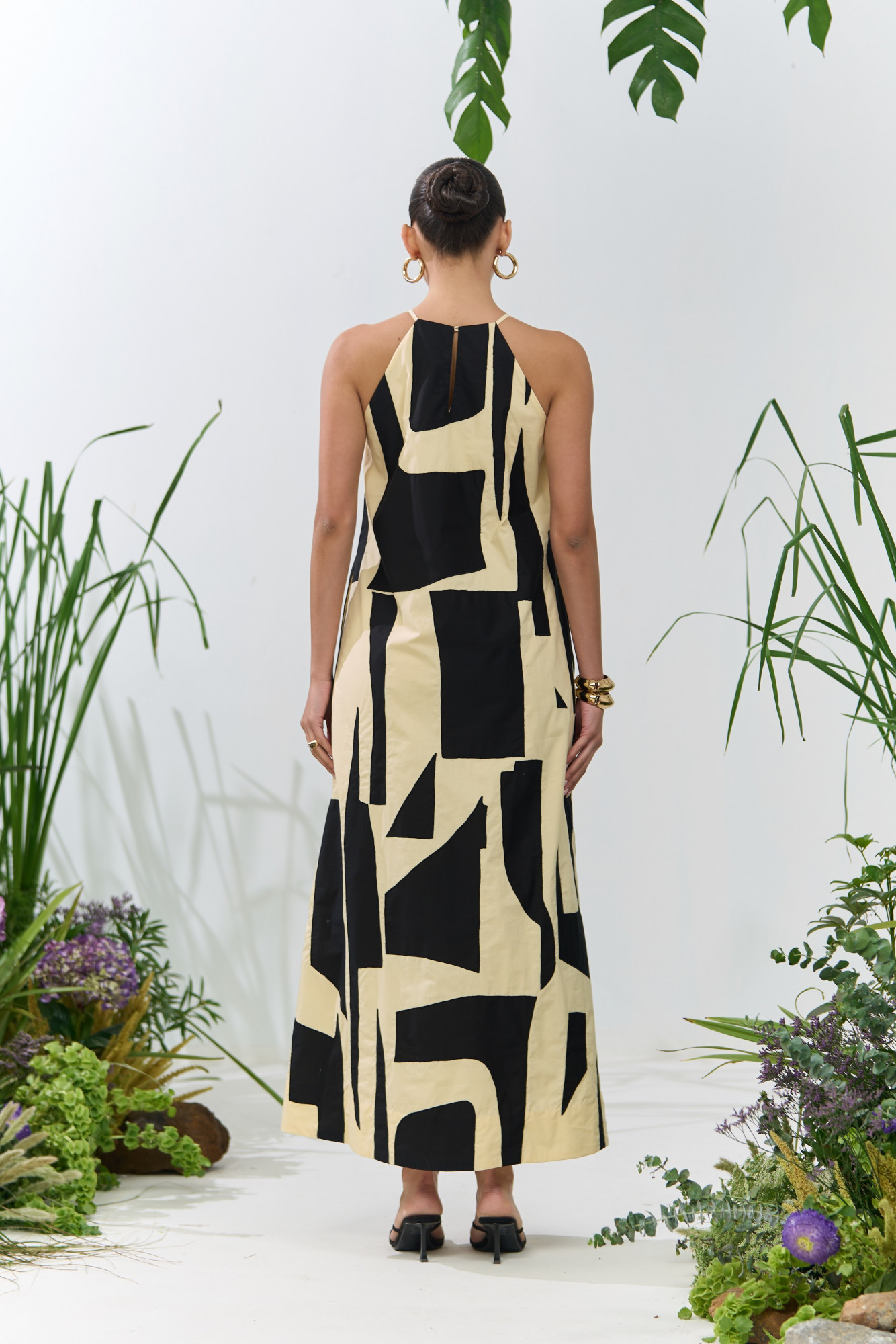 ATELIER RIVIERA BUTTERMILK COLOR POPLIN HALTER CUT MAXI DRESS WITH BLACK FABRIC PATCH WORK