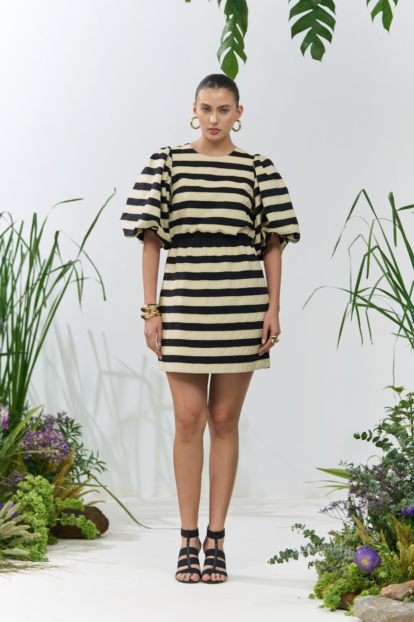 ATELIER RIVIERA BLACK COTTON KNEE LENGTH DRESS WITH CREAM COLOR FABRIC PATCHWORK STRIPES