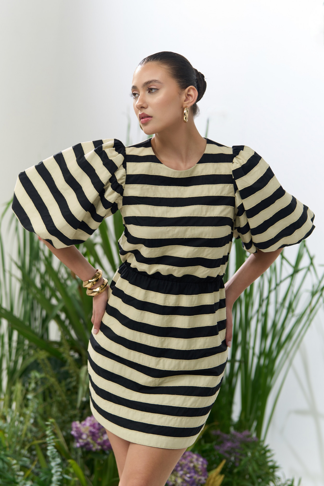 ATELIER RIVIERA BLACK COTTON KNEE LENGTH DRESS WITH CREAM COLOR FABRIC PATCHWORK STRIPES