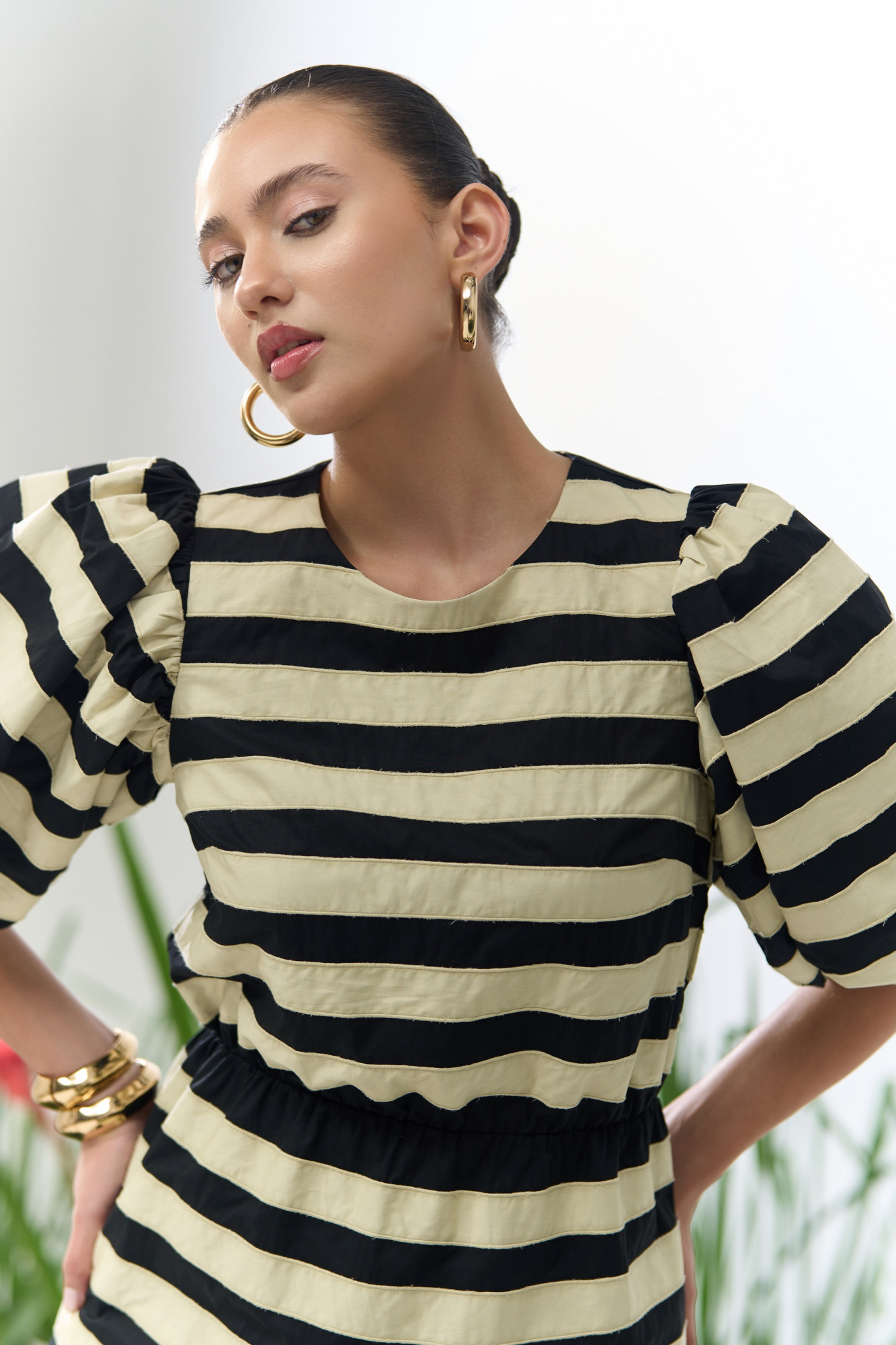 ATELIER RIVIERA BLACK COTTON KNEE LENGTH DRESS WITH CREAM COLOR FABRIC PATCHWORK STRIPES