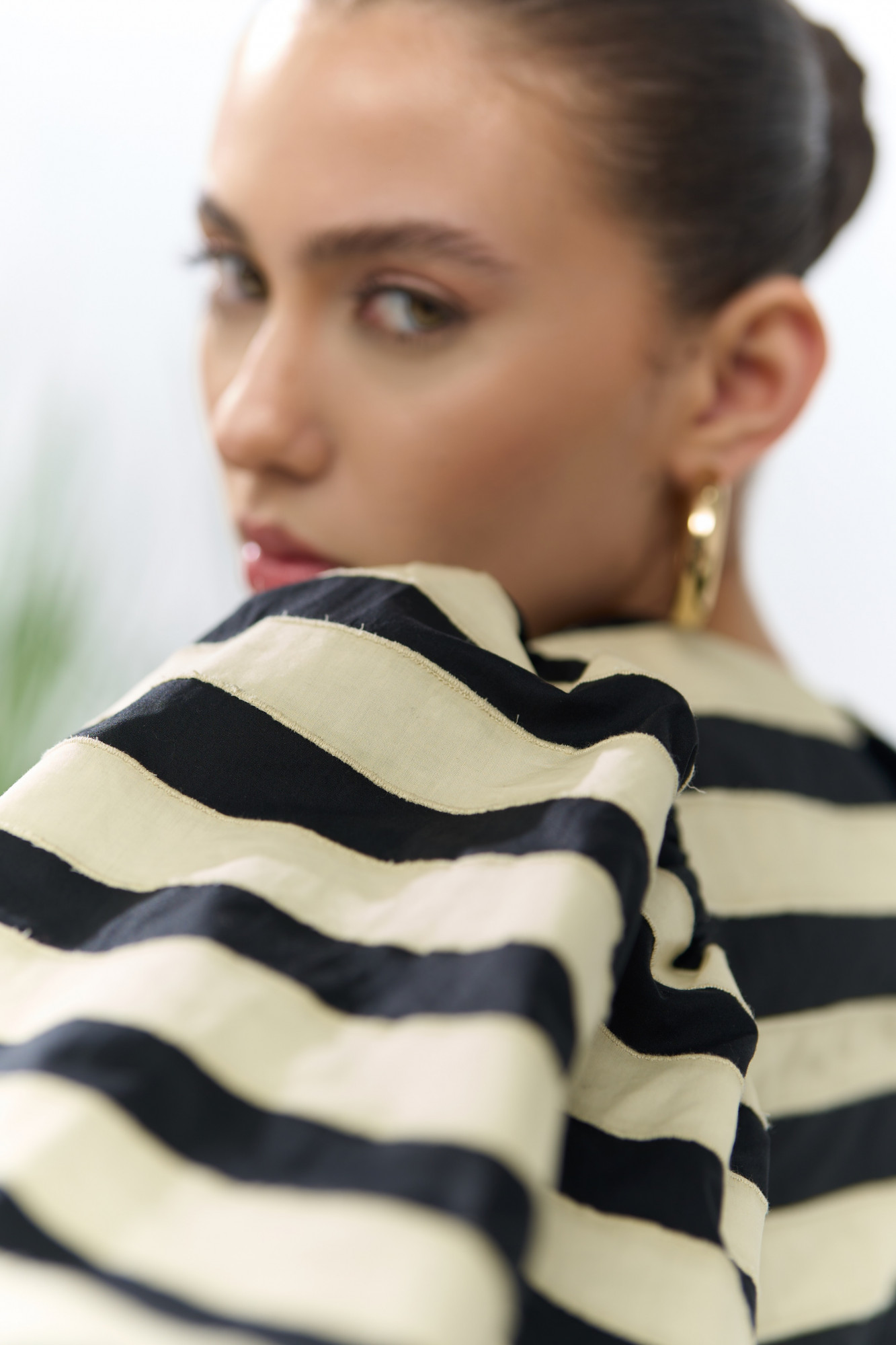 ATELIER RIVIERA BLACK COTTON KNEE LENGTH DRESS WITH CREAM COLOR FABRIC PATCHWORK STRIPES