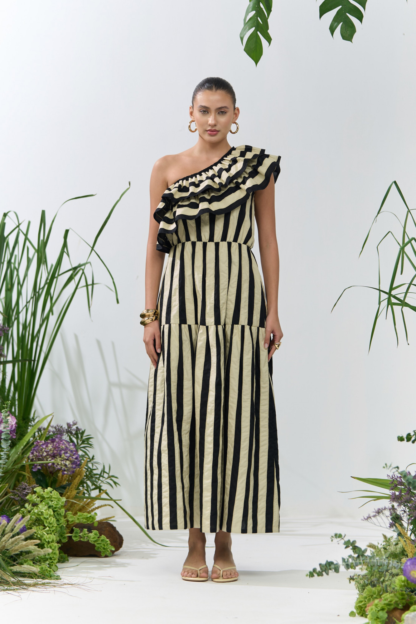 ATELIER RIVIERA BLACK COTTON RUFFLE NECK ONE SIDE SHOULDER MIDI LENGTH DRESS WITH PATCHWORK STRIPES