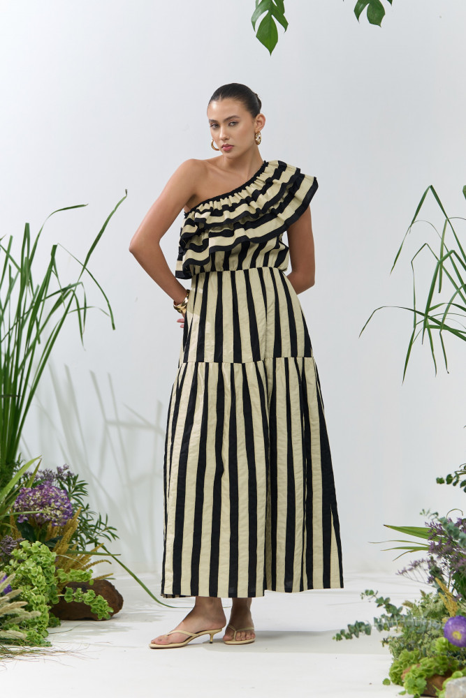 Image of ATELIER RIVIERA BLACK COTTON RUFFLE NECK ONE SIDE SHOULDER MIDI LENGTH DRESS WITH PATCHWORK STRIPES