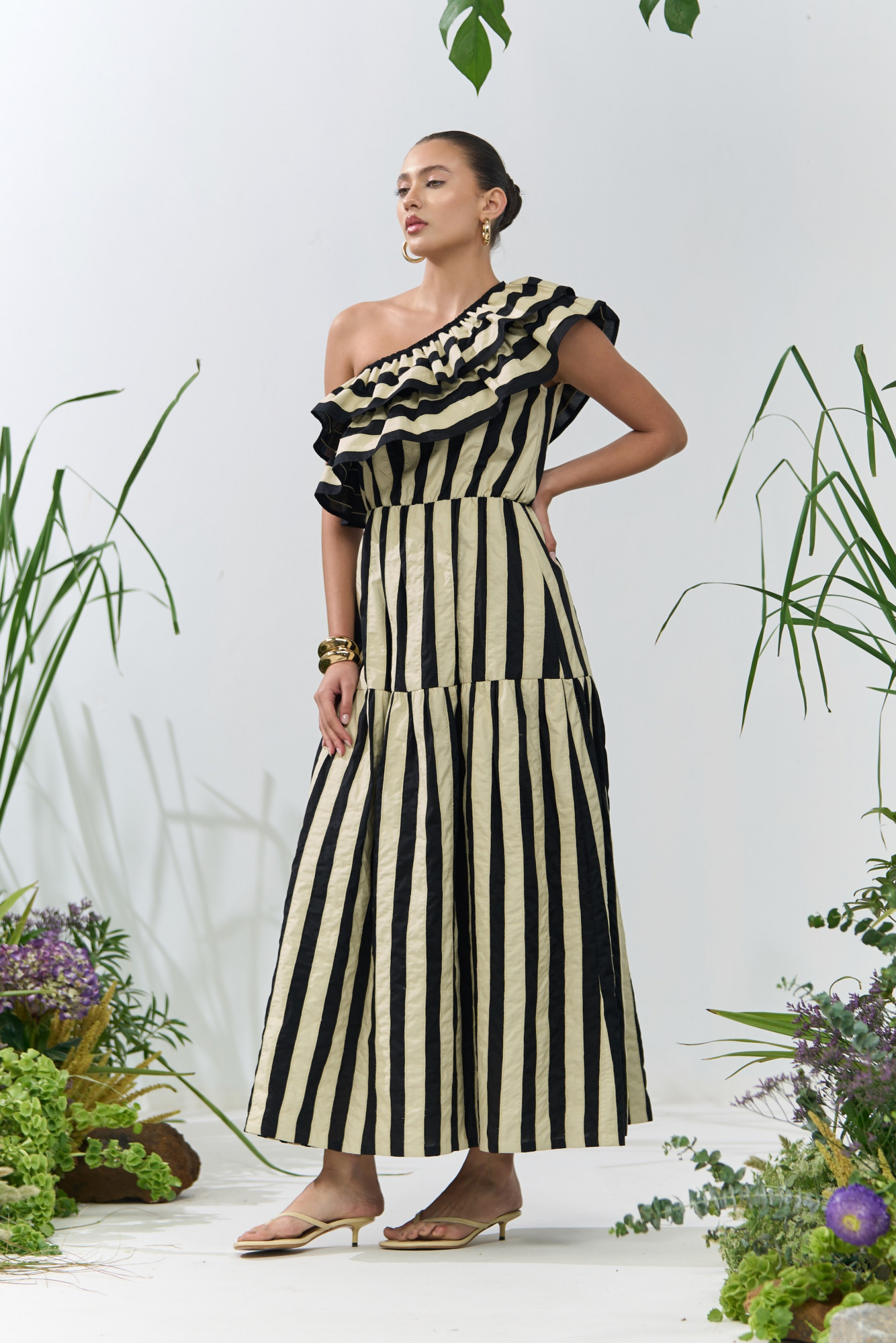 ATELIER RIVIERA BLACK COTTON RUFFLE NECK ONE SIDE SHOULDER MIDI LENGTH DRESS WITH PATCHWORK STRIPES