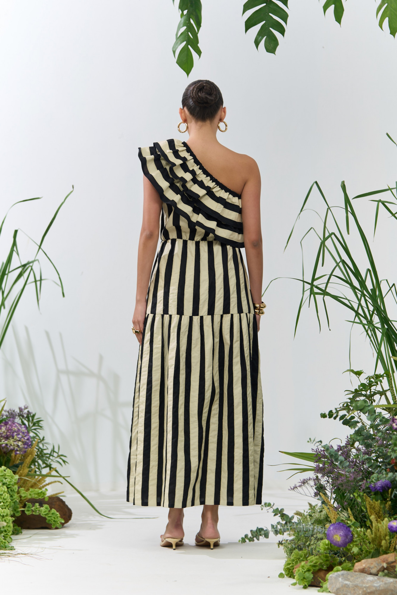 ATELIER RIVIERA BLACK COTTON RUFFLE NECK ONE SIDE SHOULDER MIDI LENGTH DRESS WITH PATCHWORK STRIPES