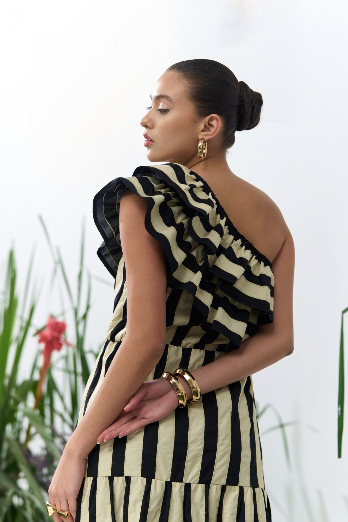 ATELIER RIVIERA BLACK COTTON RUFFLE NECK ONE SIDE SHOULDER MIDI LENGTH DRESS WITH PATCHWORK STRIPES