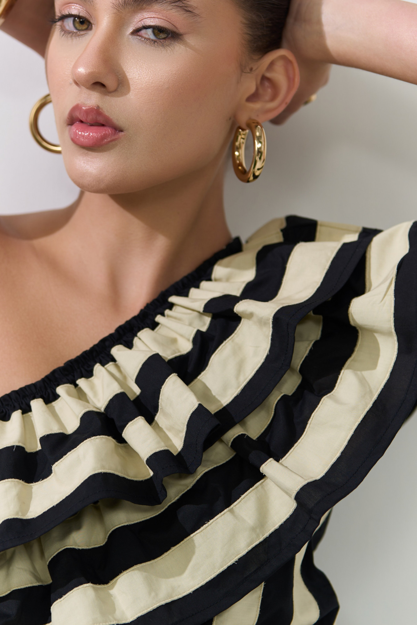 ATELIER RIVIERA BLACK COTTON RUFFLE NECK ONE SIDE SHOULDER MIDI LENGTH DRESS WITH PATCHWORK STRIPES