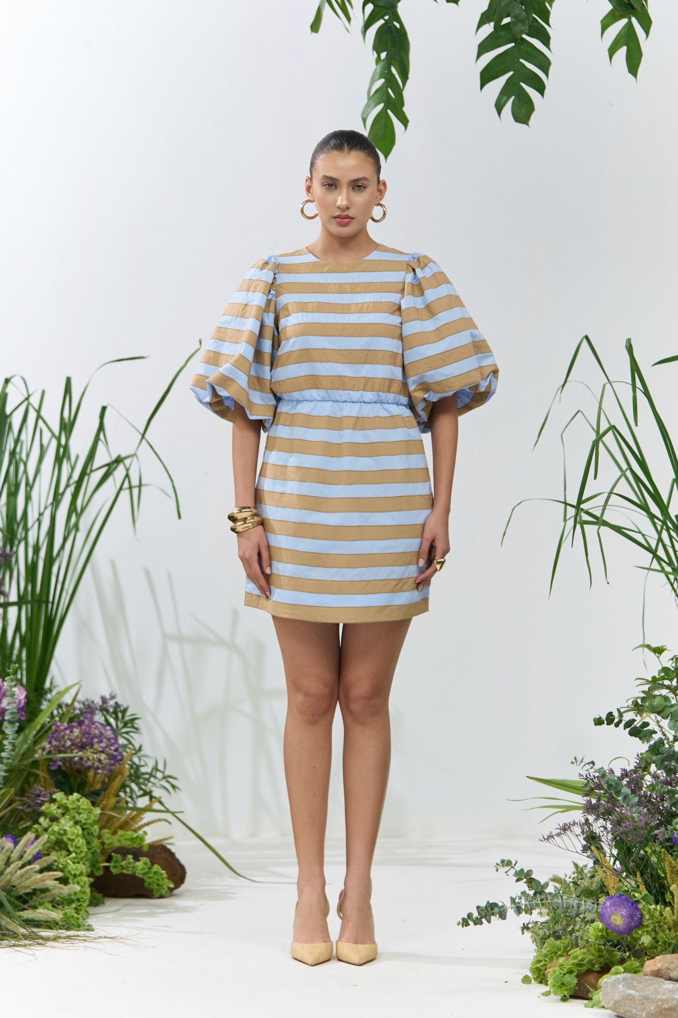 ATELIER RIVIERA LIGHT BLUE COTTON DRESS WITH PUFF SLEEVES AND BEIGE FABRIC STRIPES PATCHWORK
