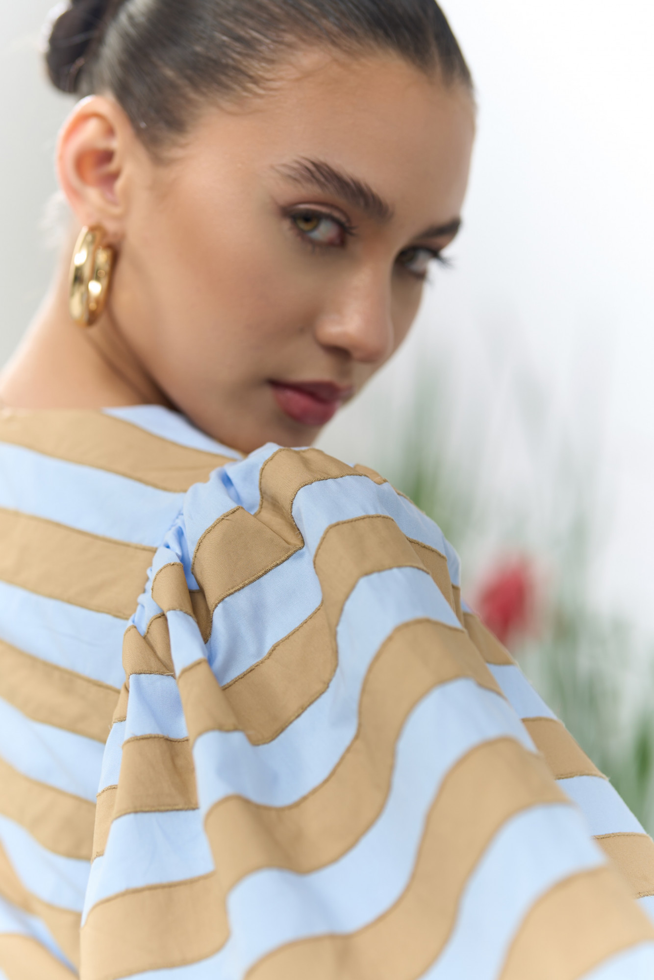 ATELIER RIVIERA LIGHT BLUE COTTON DRESS WITH PUFF SLEEVES AND BEIGE FABRIC STRIPES PATCHWORK