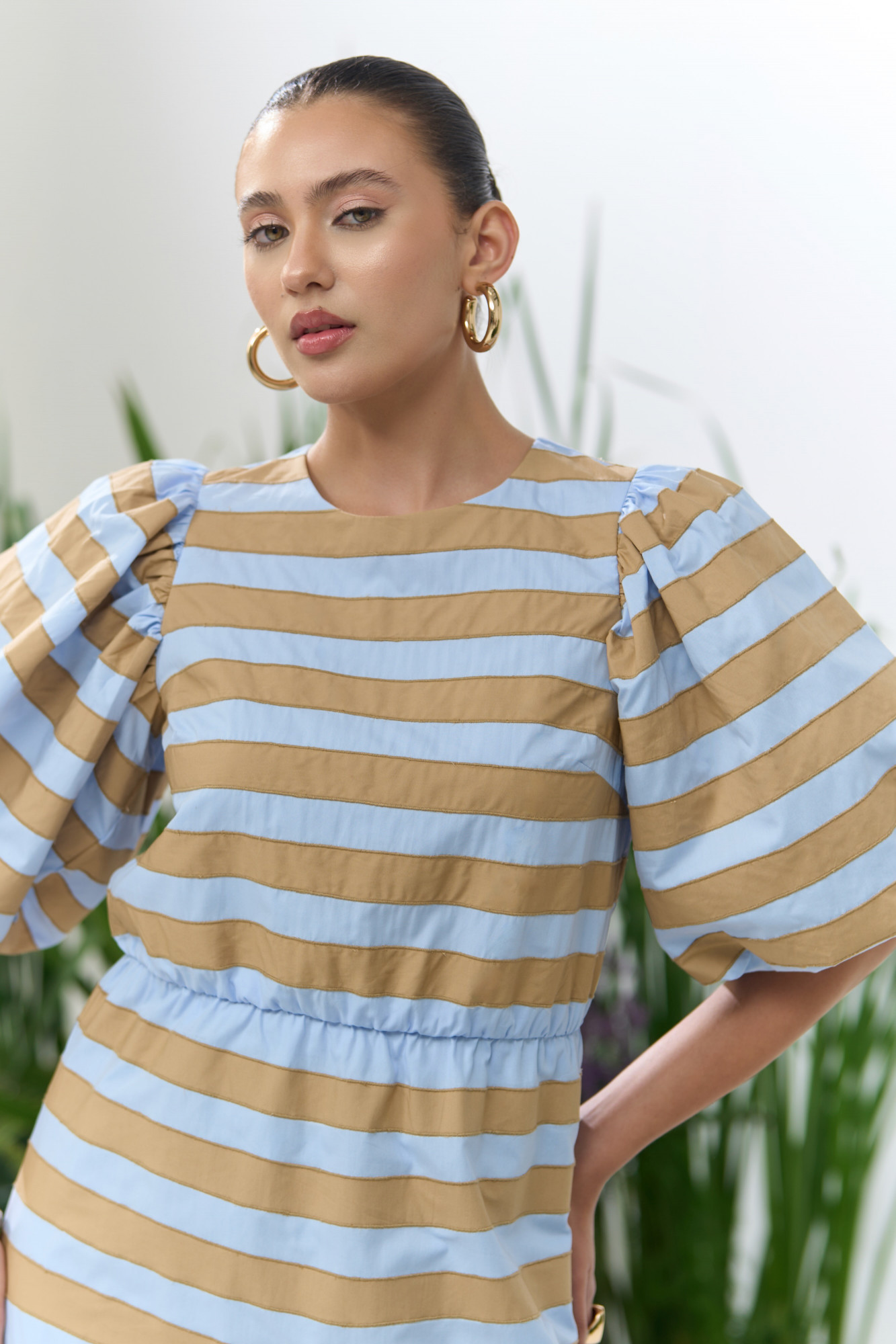 ATELIER RIVIERA LIGHT BLUE COTTON DRESS WITH PUFF SLEEVES AND BEIGE FABRIC STRIPES PATCHWORK