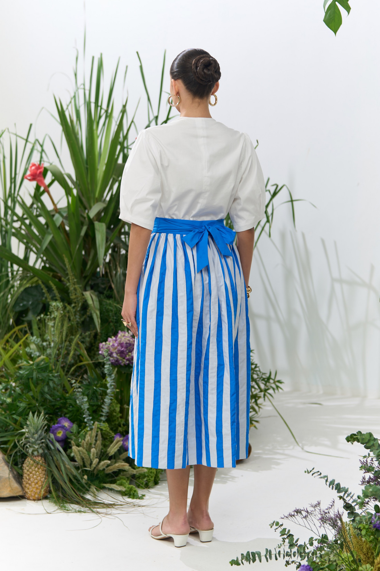 ATELIER RIVIERA BLUE COTTON MIDI LENGTH SKIRT WITH WHITE FABRIC PATCH STRIPE EMBROIDERY