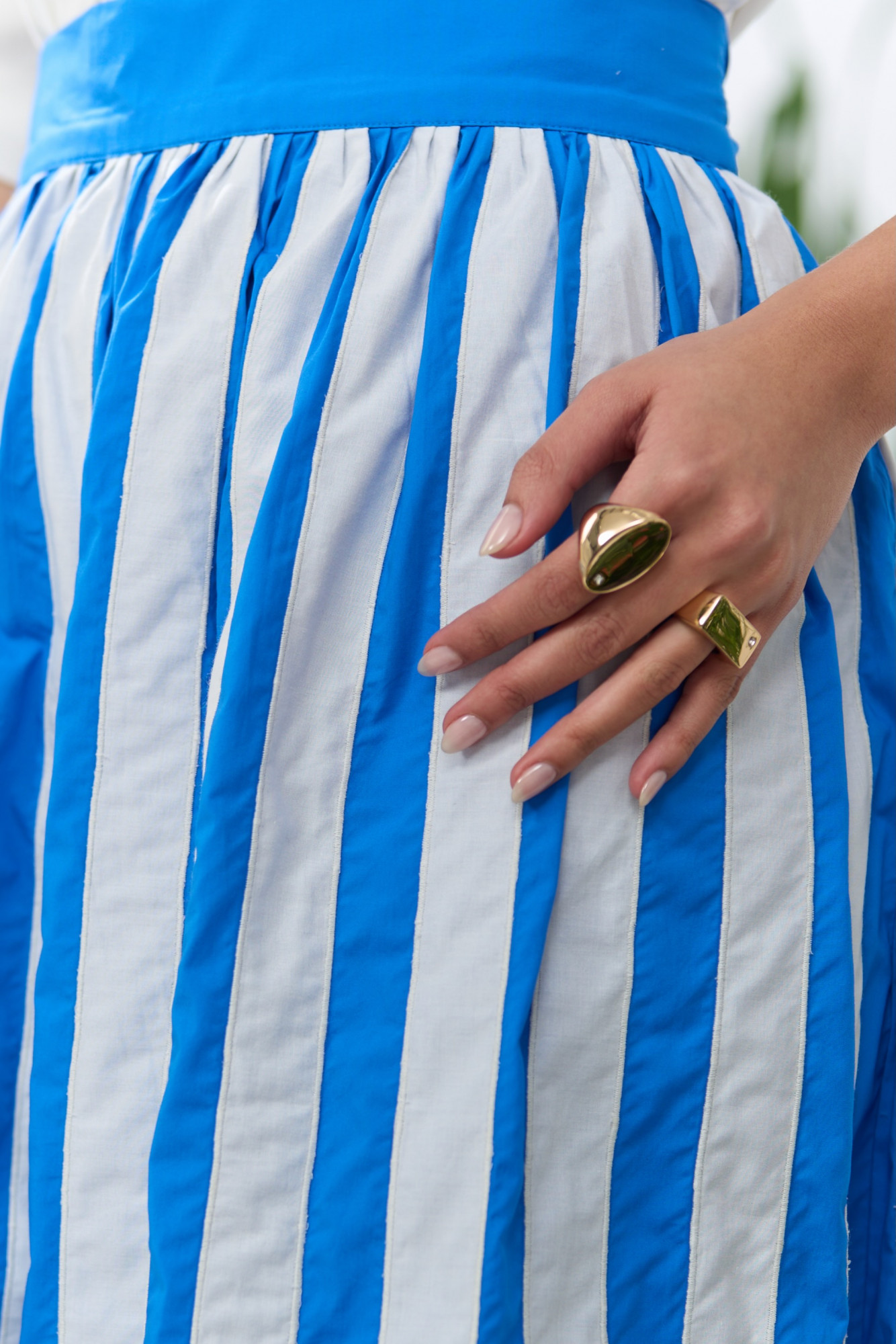 ATELIER RIVIERA BLUE COTTON MIDI LENGTH SKIRT WITH WHITE FABRIC PATCH STRIPE EMBROIDERY