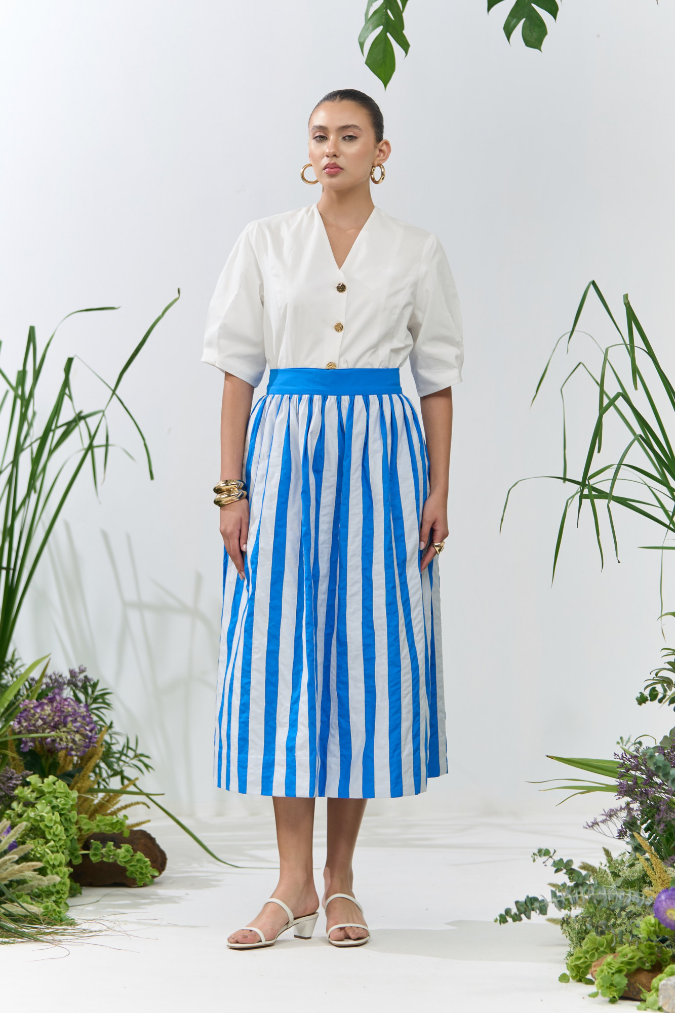 ATELIER RIVIERA BLUE COTTON MIDI LENGTH SKIRT WITH WHITE FABRIC PATCH STRIPE EMBROIDERY