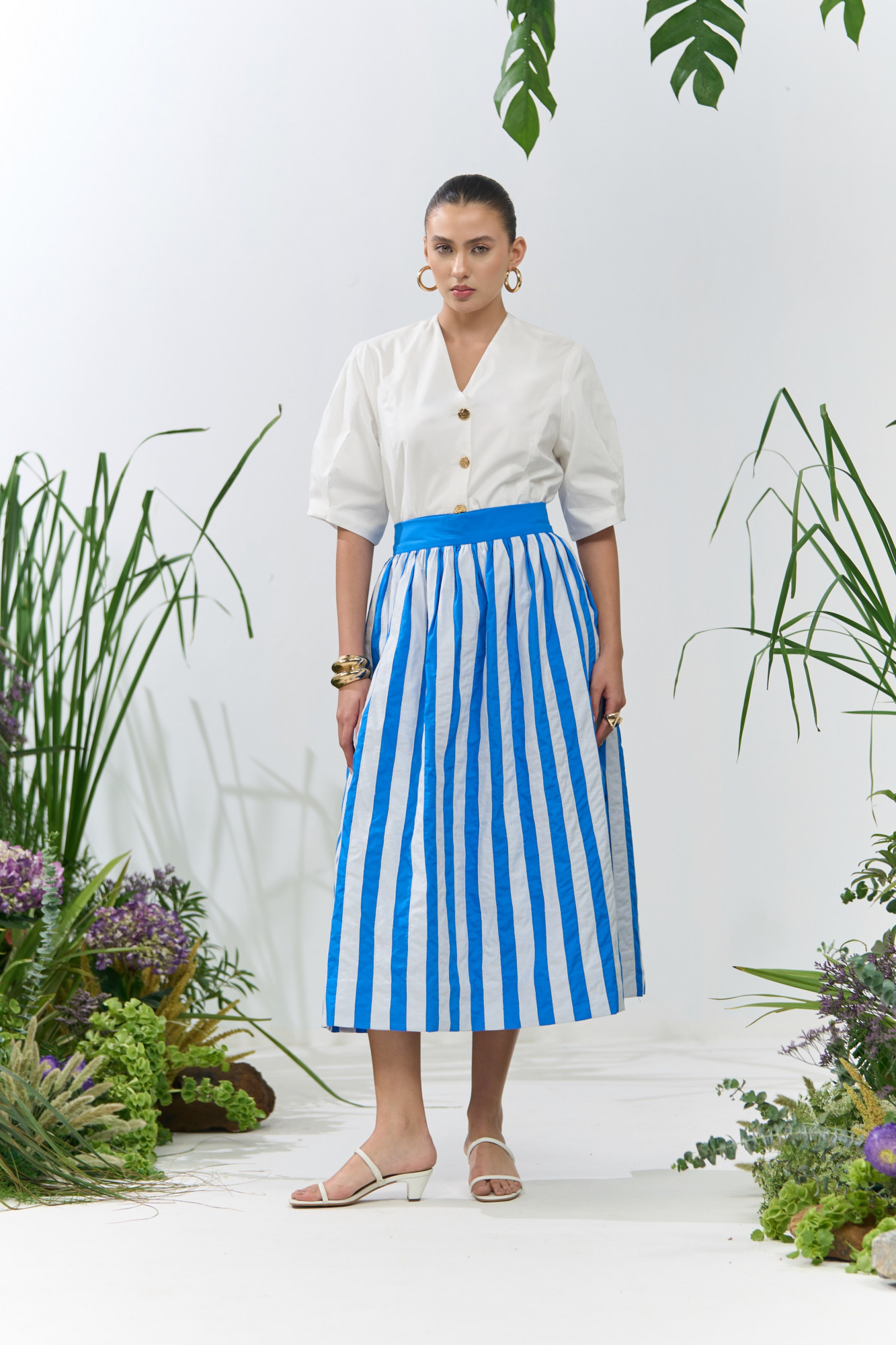 ATELIER RIVIERA BLUE COTTON MIDI LENGTH SKIRT WITH WHITE FABRIC PATCH STRIPE EMBROIDERY