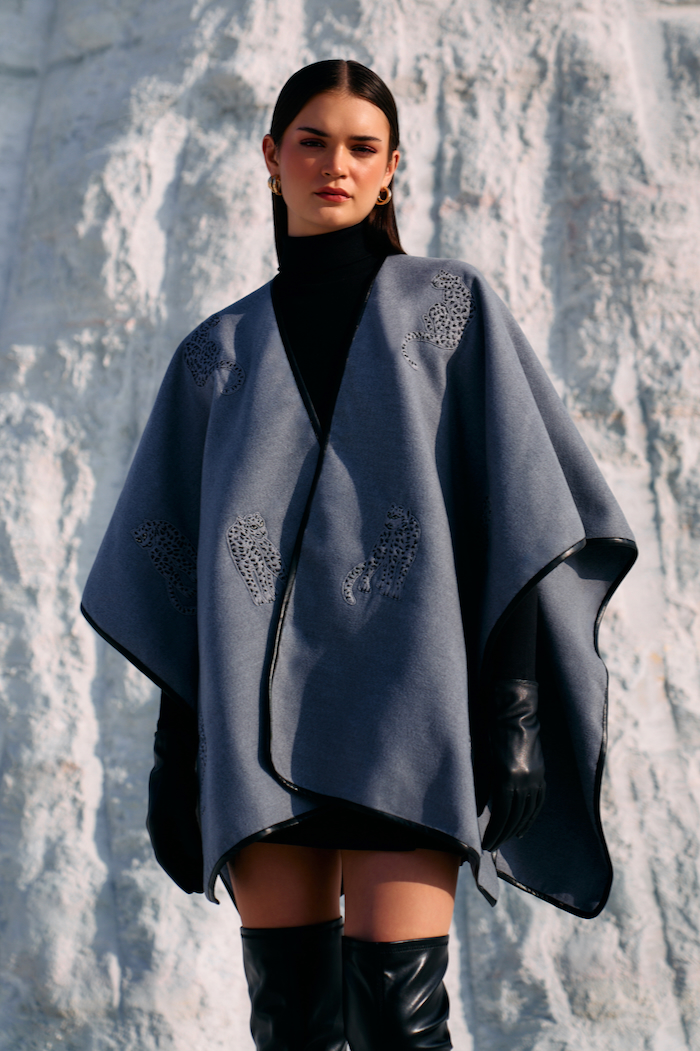 MATERIAL GIRL 02 DOVE GREY FELT FABRIC CAPE WITH HAND CRAFTED LEOPARD EMBROIDERY ALL OVER