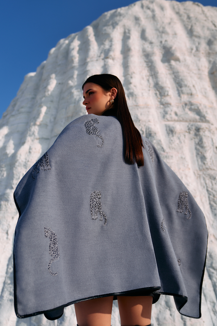 MATERIAL GIRL 02 DOVE GREY FELT FABRIC CAPE WITH HAND CRAFTED LEOPARD EMBROIDERY ALL OVER
