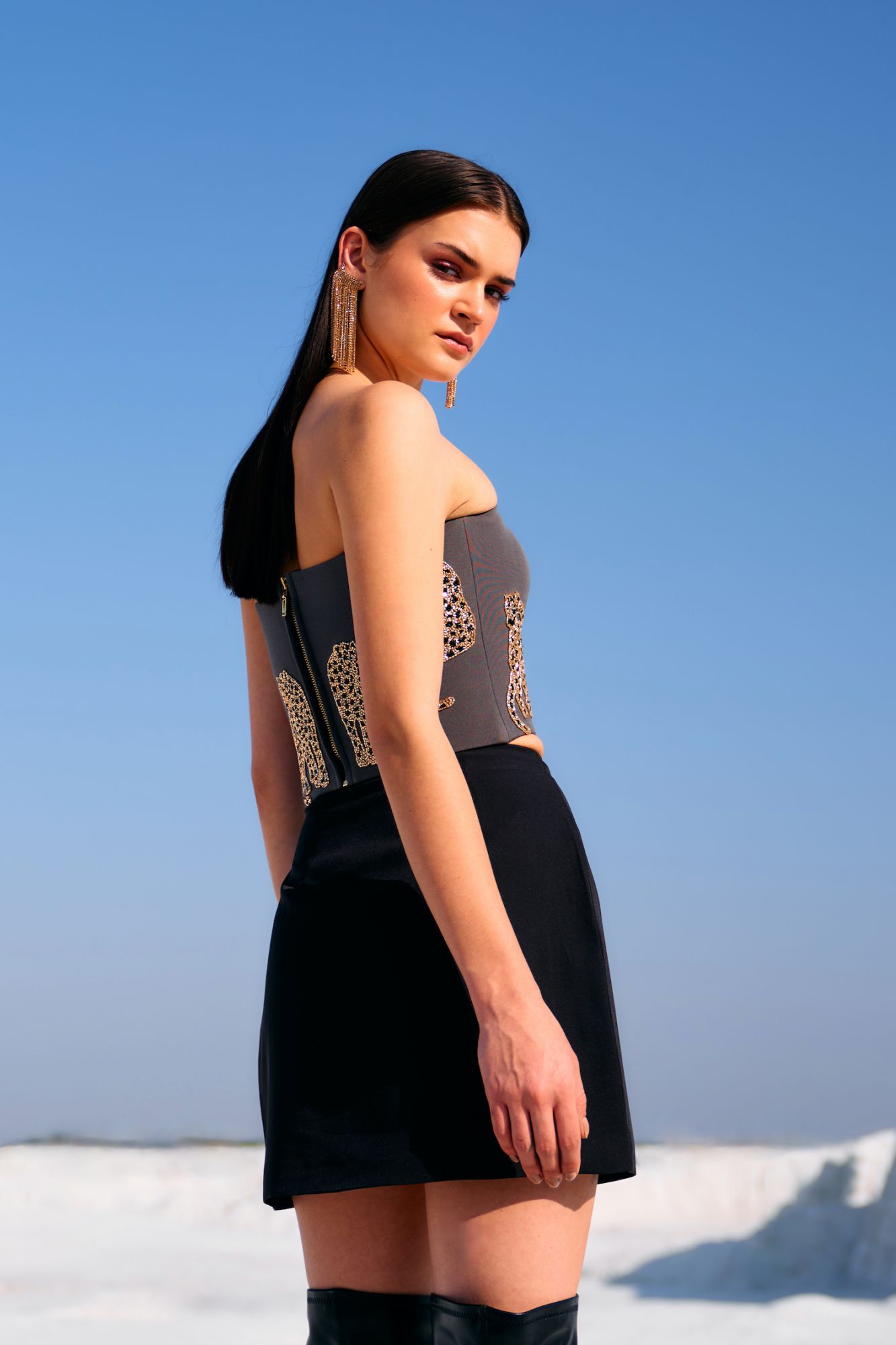 MATERIAL GIRL 02 ASH GREY COLOR CUPS BUSTIER WITH GOLD LEOPARD HAND EMBROIDERY ALL OVER