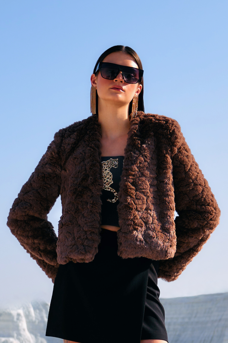 MATERIAL GIRL 02 ASH BROWN SOFT FAUX FUR SHORT LENGTH WINTER JACKET
