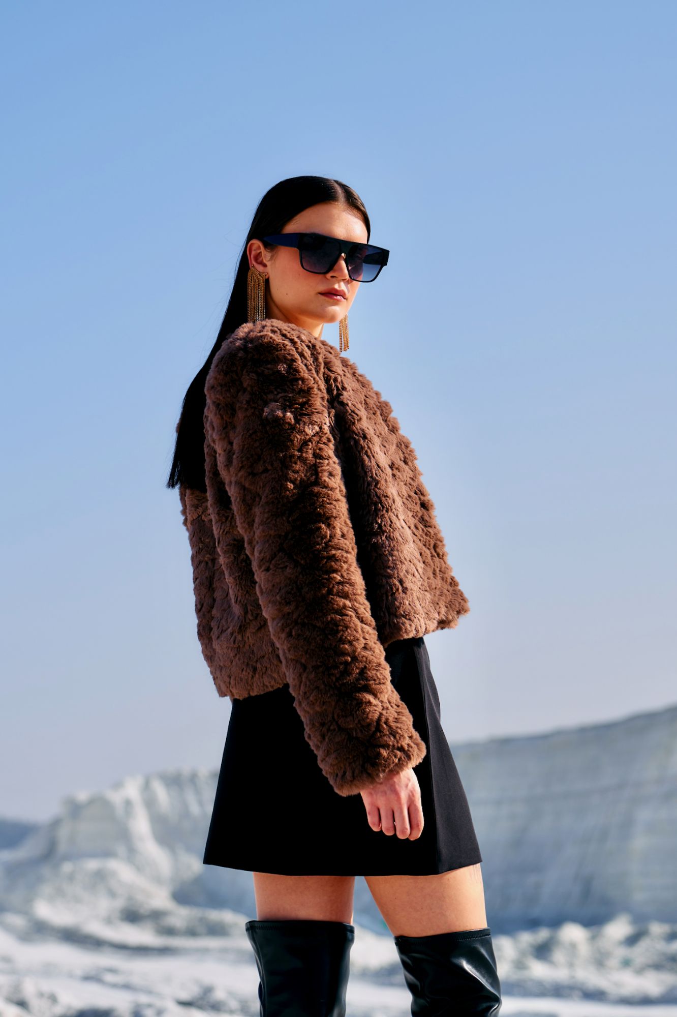 MATERIAL GIRL 02 ASH BROWN SOFT FAUX FUR SHORT LENGTH WINTER JACKET