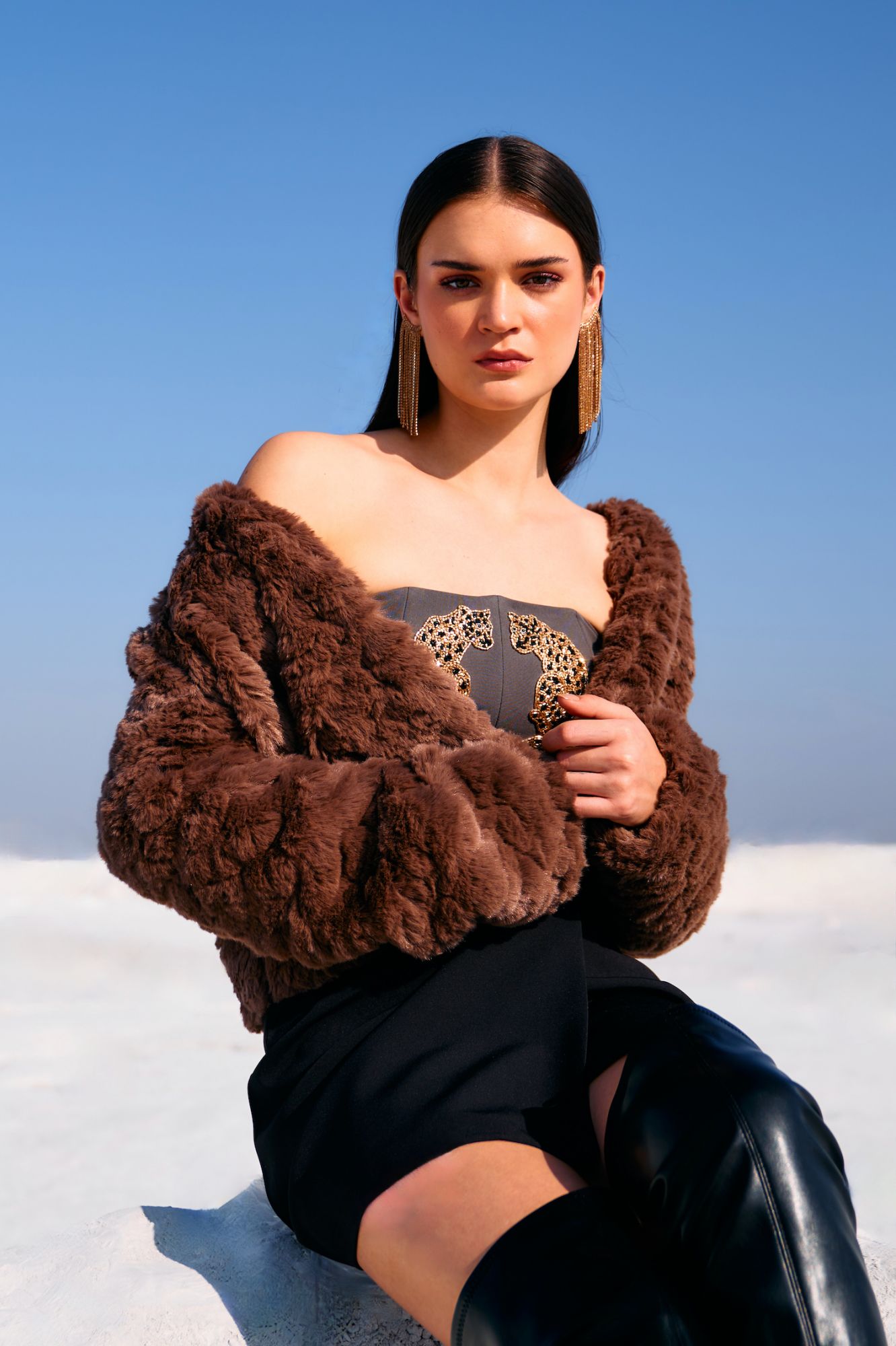 MATERIAL GIRL 02 ASH GREY COLOR CUPS BUSTIER WITH GOLD LEOPARD HAND EMBROIDERY ALL OVER