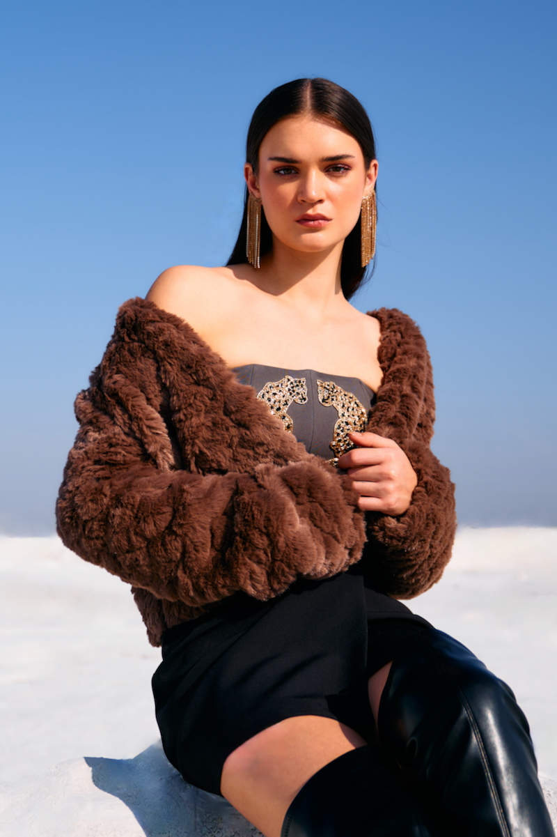 MATERIAL GIRL 02 ASH BROWN SOFT FAUX FUR SHORT LENGTH WINTER JACKET