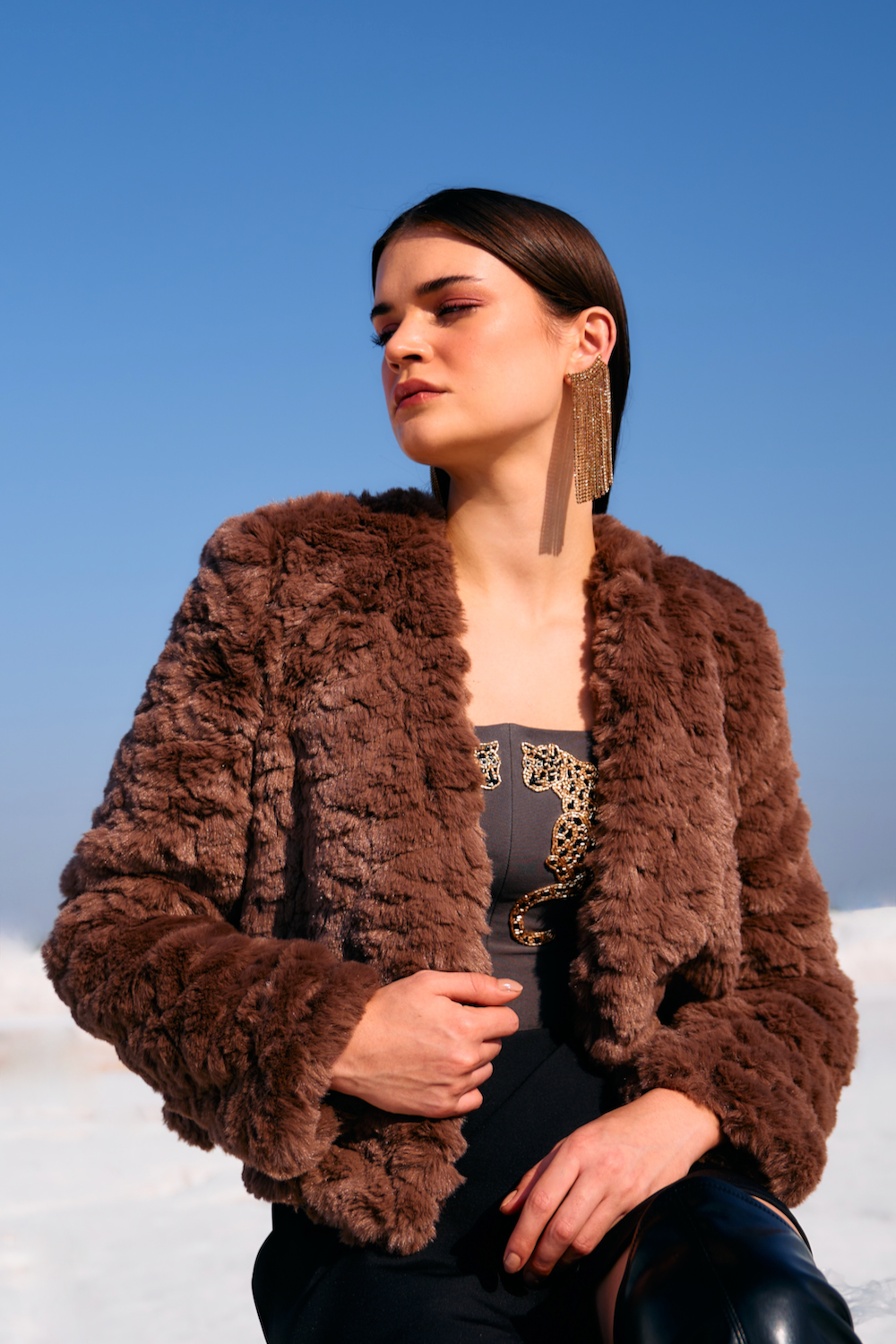 MATERIAL GIRL 02 ASH BROWN SOFT FAUX FUR SHORT LENGTH WINTER JACKET