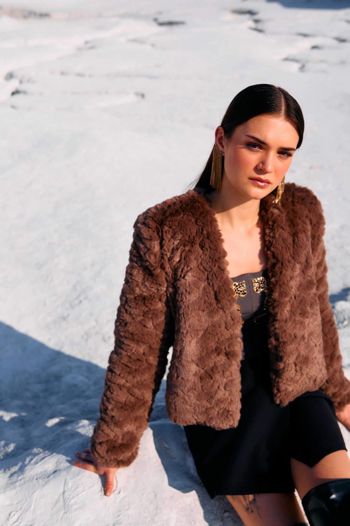 MATERIAL GIRL 02 ASH BROWN SOFT FAUX FUR SHORT LENGTH WINTER JACKET