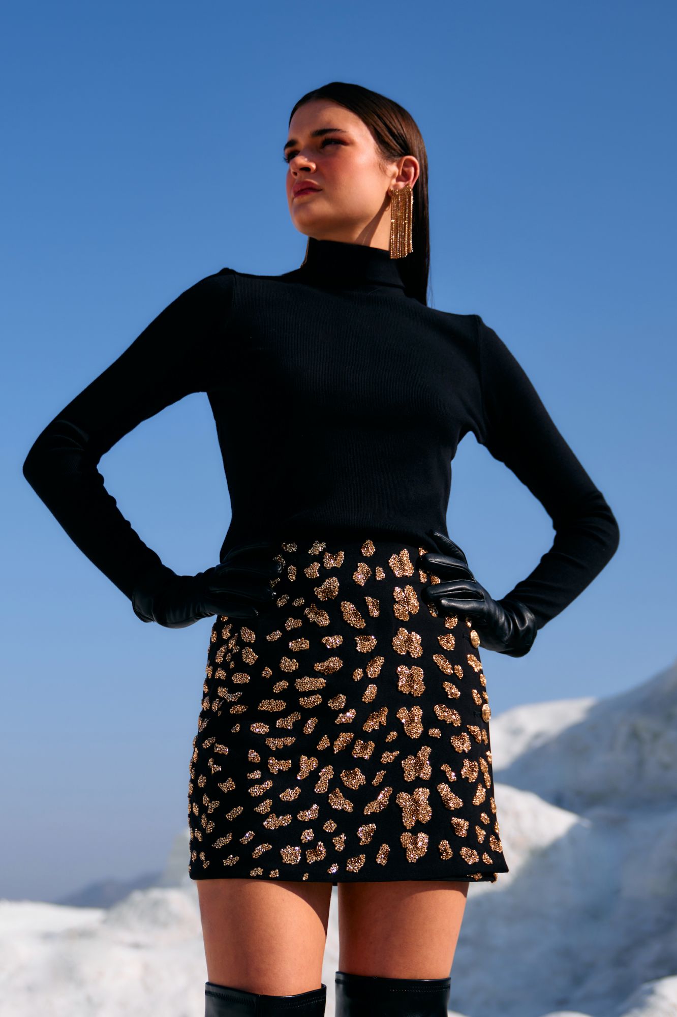 MATERIAL GIRL 02 JADE BLACK COLOR WRAP SKIRT WITH GOLD BEADS LEOPARD SKIN HAND EMBROIDERY ALL OVER