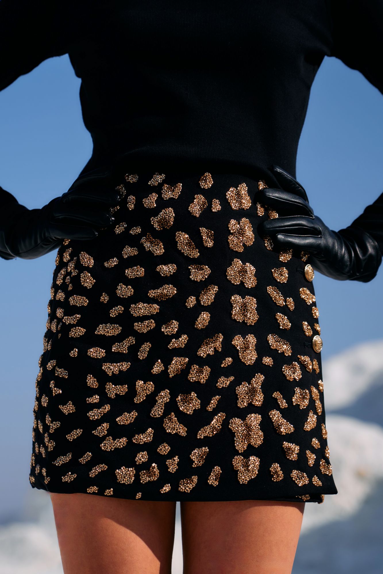 MATERIAL GIRL 02 JADE BLACK COLOR WRAP SKIRT WITH GOLD BEADS LEOPARD SKIN HAND EMBROIDERY ALL OVER