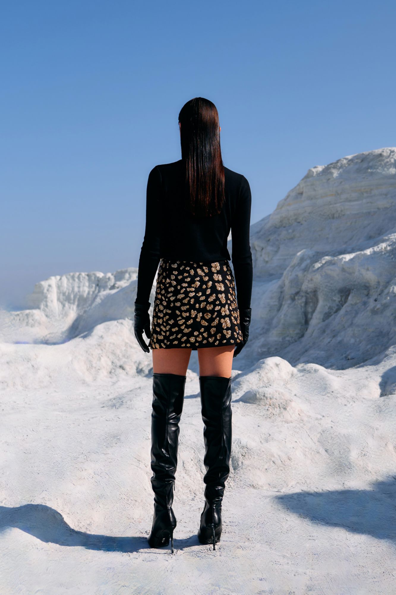 MATERIAL GIRL 02 JADE BLACK COLOR WRAP SKIRT WITH GOLD BEADS LEOPARD SKIN HAND EMBROIDERY ALL OVER