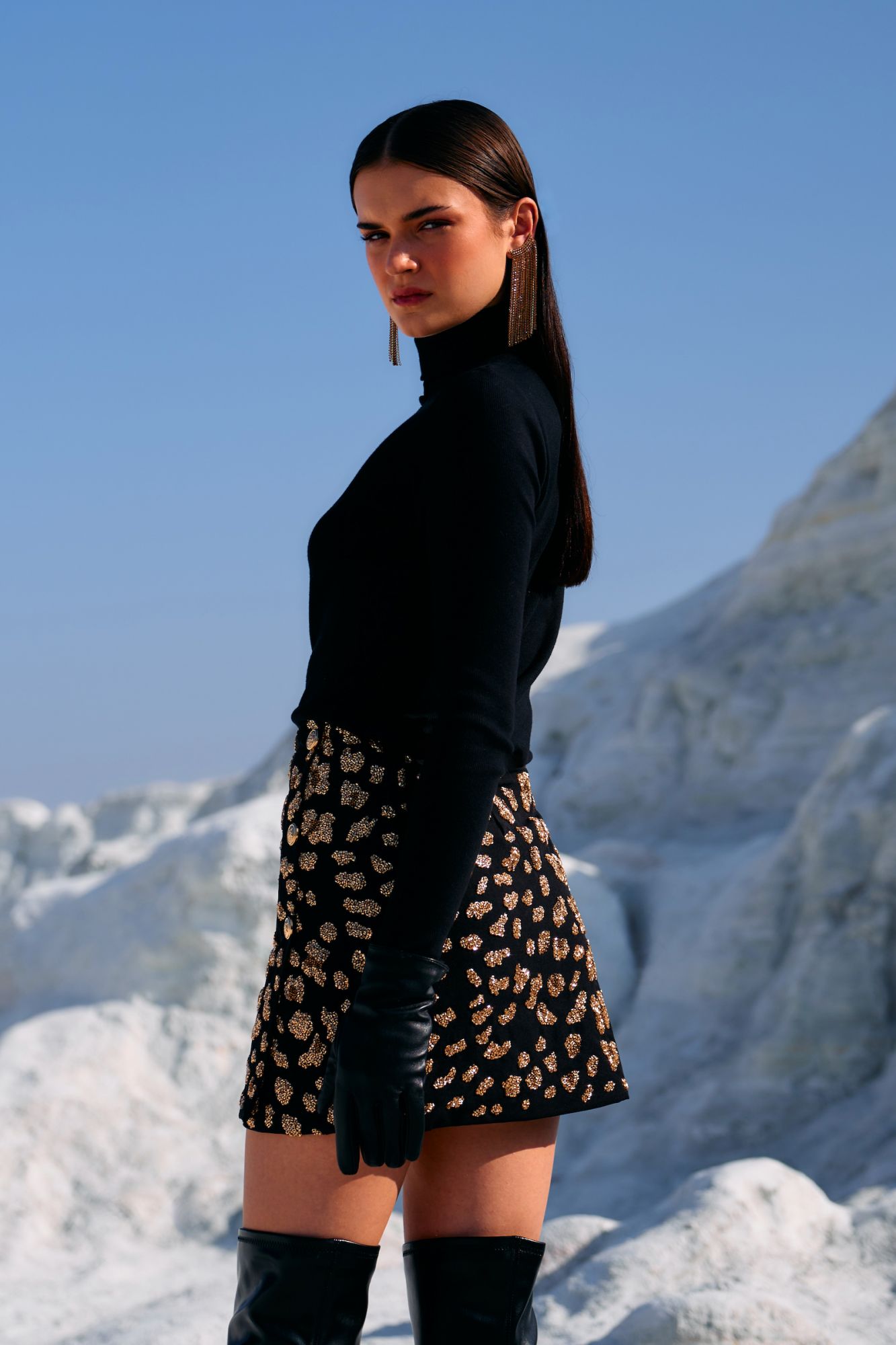 MATERIAL GIRL 02 JADE BLACK COLOR WRAP SKIRT WITH GOLD BEADS LEOPARD SKIN HAND EMBROIDERY ALL OVER