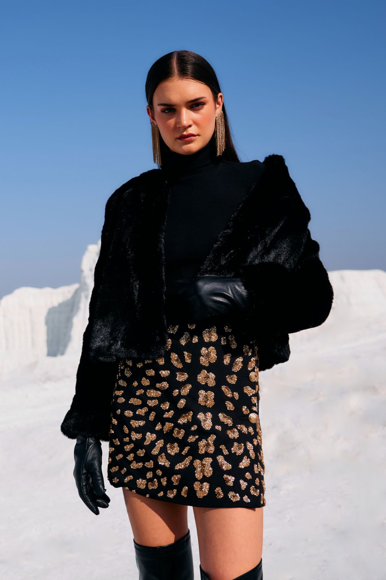 MATERIAL GIRL 02 JADE BLACK COLOR WRAP SKIRT WITH GOLD BEADS LEOPARD SKIN HAND EMBROIDERY ALL OVER