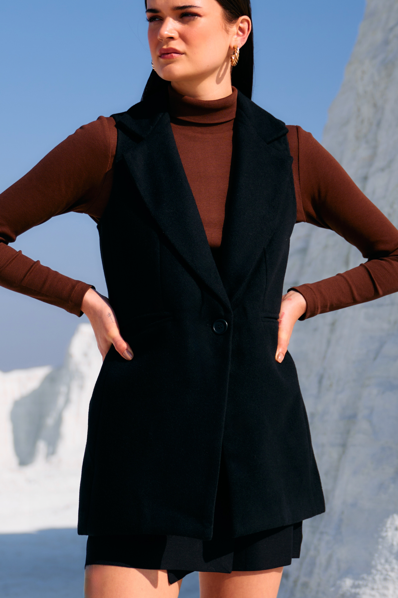 MATERIAL GIRL 02 JADE BLACK FELT FABRIC SLEEVELESS WINTER LAPEL JACKET