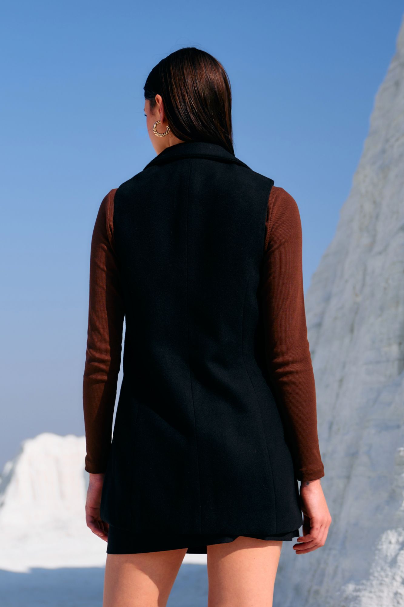 MATERIAL GIRL 02 JADE BLACK FELT FABRIC SLEEVELESS WINTER LAPEL JACKET