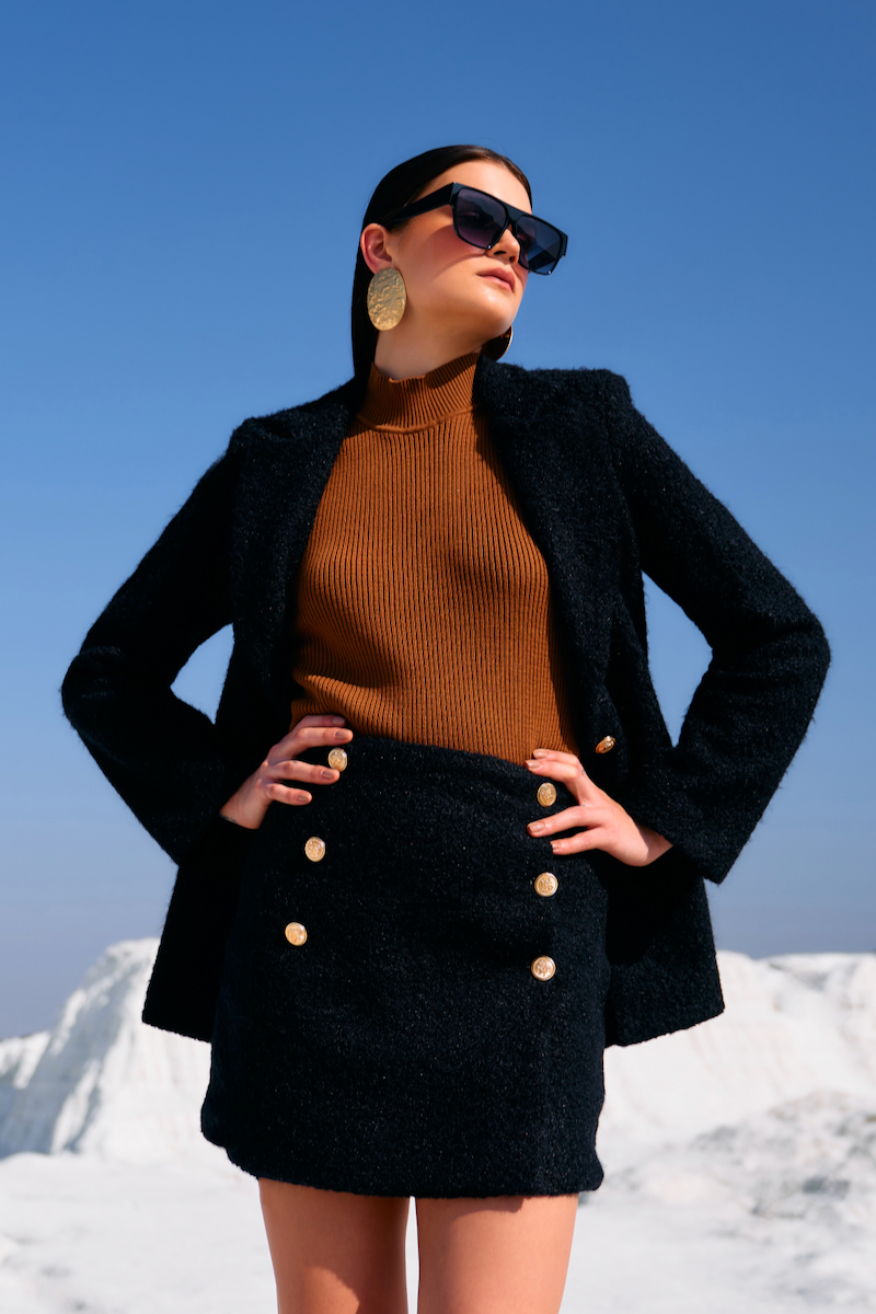 MATERIAL GIRL BLACK COLOR SHERPA FABRIC JACKET AND SKIRT WINTER CO-ORD SET