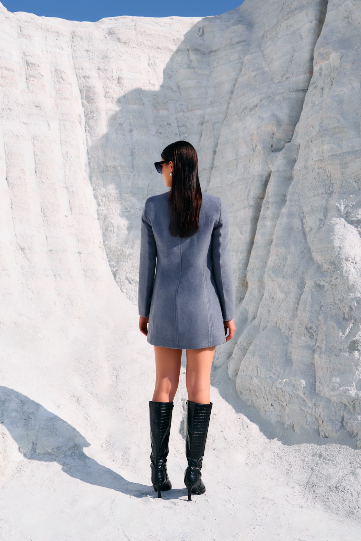 MATERIAL GIRL 02 LIGHT GREY COLOR FELT FABRIC HIGH COLLARED DOUBLE BREASTED LONG JACKET