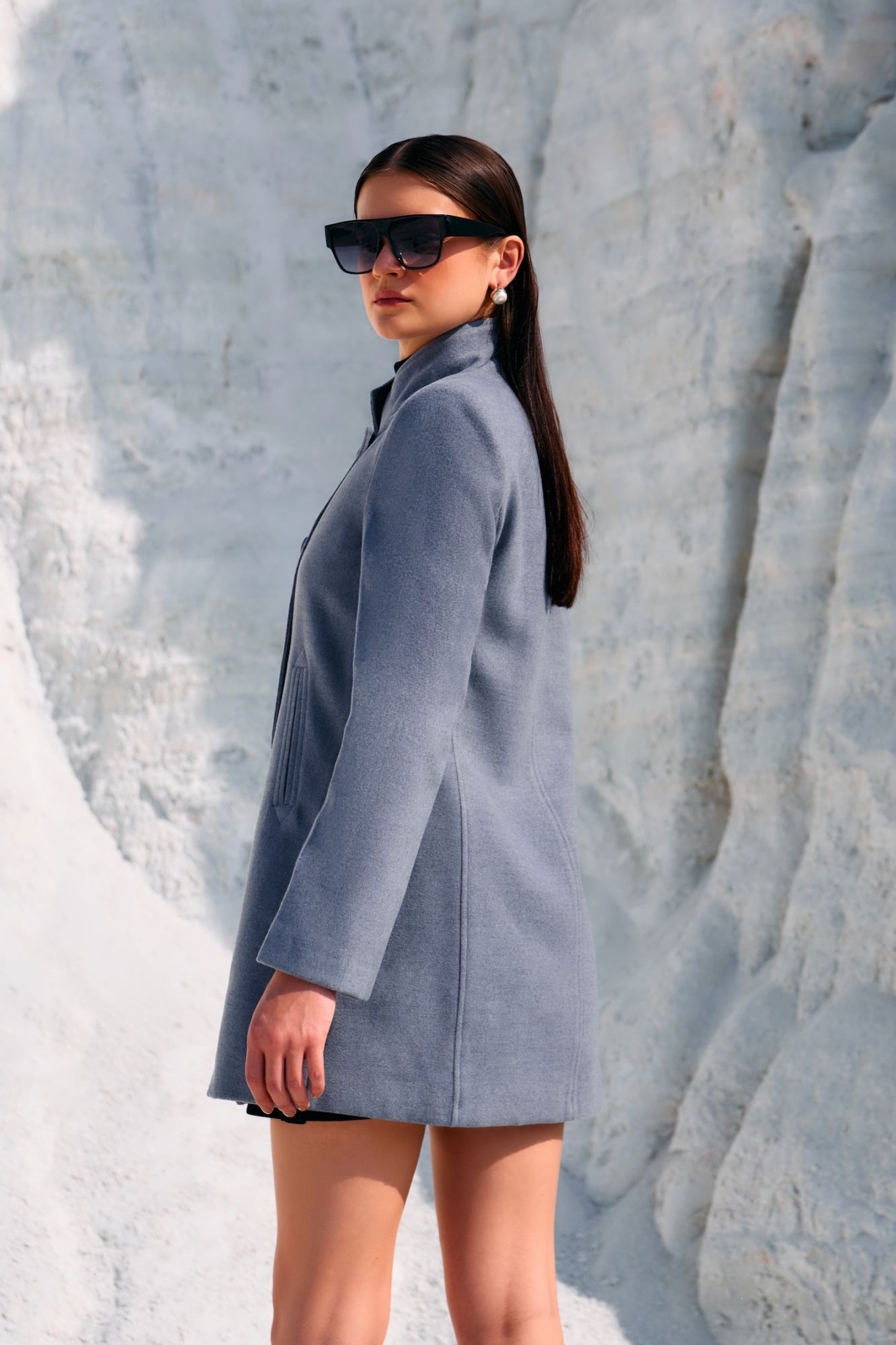 MATERIAL GIRL 02 LIGHT GREY COLOR FELT FABRIC HIGH COLLARED DOUBLE BREASTED LONG JACKET