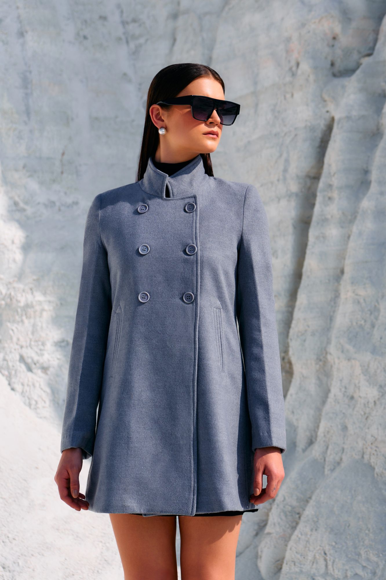 MATERIAL GIRL 02 LIGHT GREY COLOR FELT FABRIC HIGH COLLARED DOUBLE BREASTED LONG JACKET