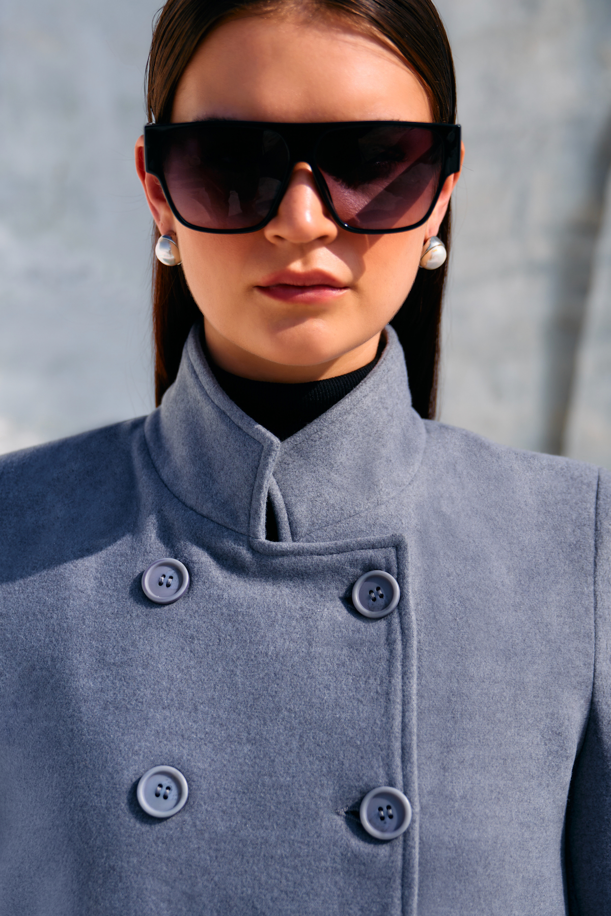 MATERIAL GIRL 02 LIGHT GREY COLOR FELT FABRIC HIGH COLLARED DOUBLE BREASTED LONG JACKET