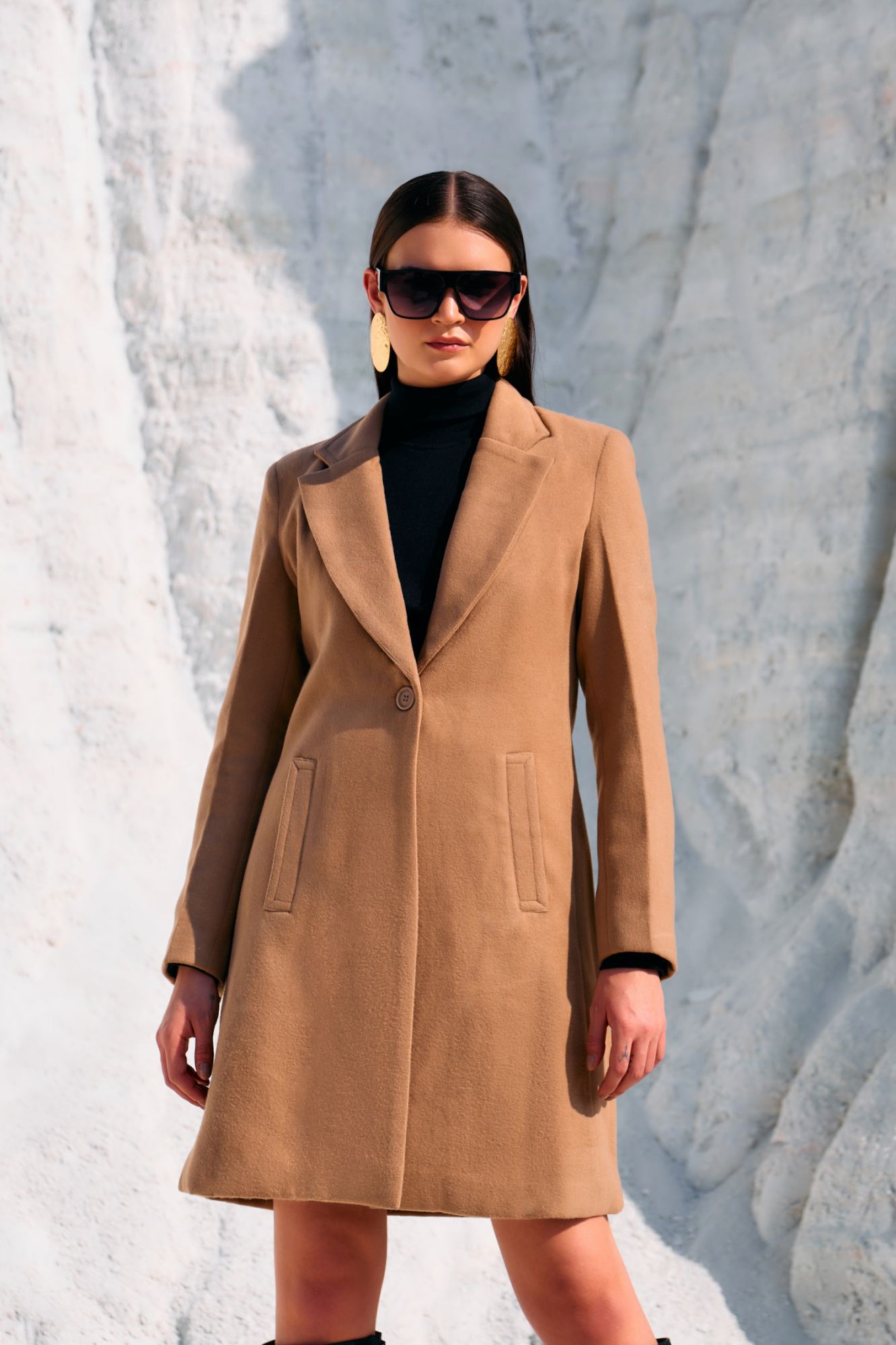 MATERIAL GIRL 02 BIRCH BEIGE COLOR FELT FABRIC LAPEL WINTER LONG JACKET