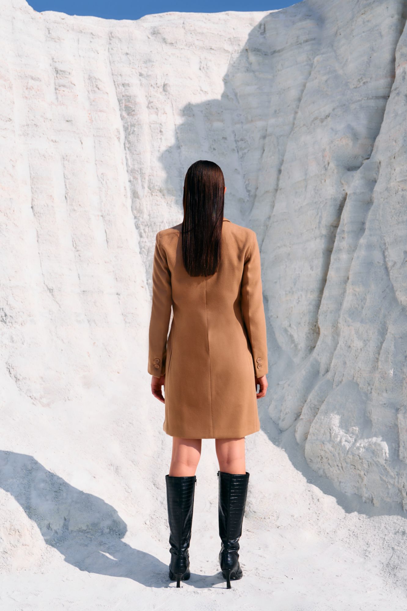 MATERIAL GIRL 02 BIRCH BEIGE COLOR FELT FABRIC LAPEL WINTER LONG JACKET