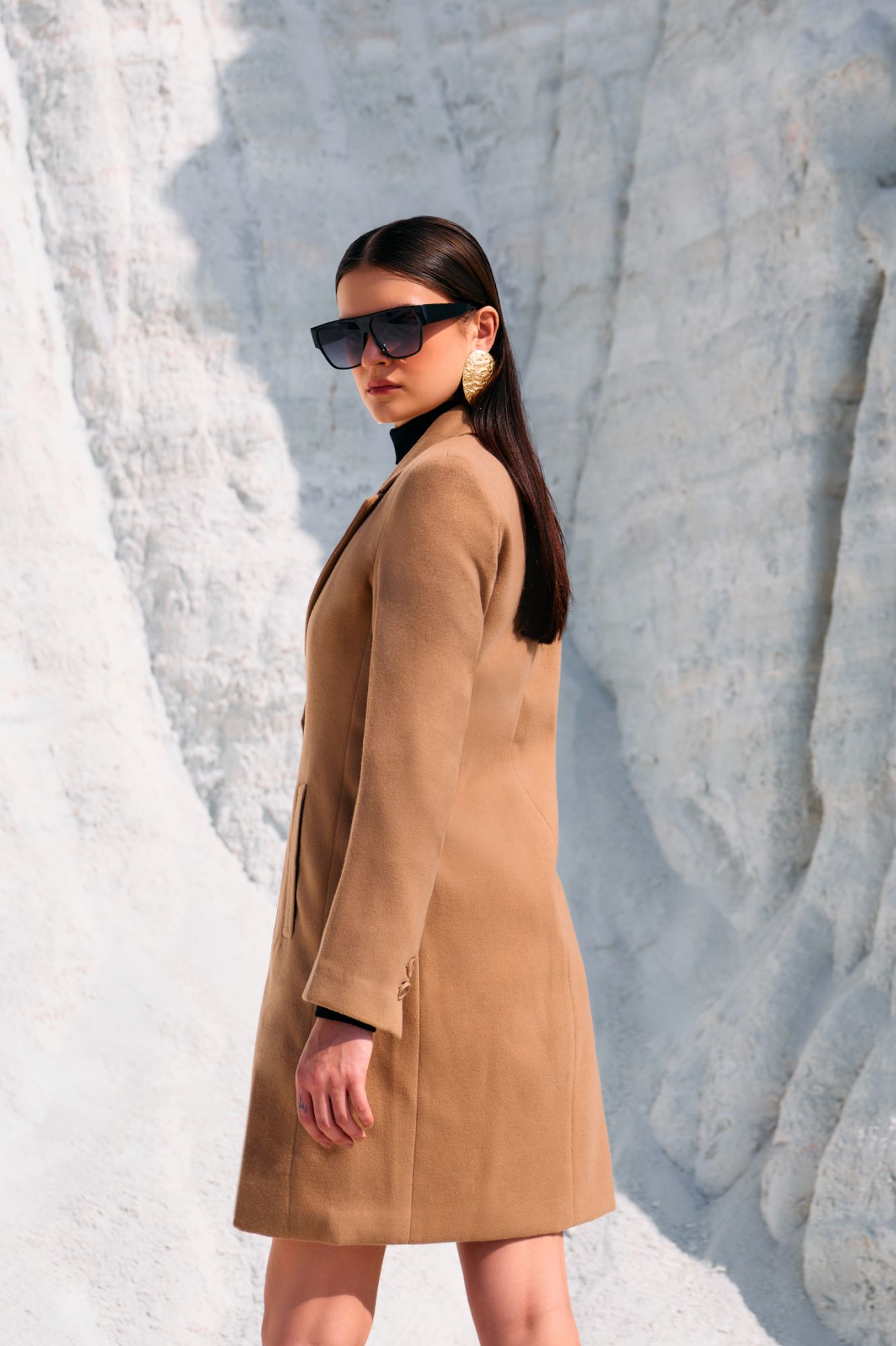 MATERIAL GIRL 02 BIRCH BEIGE COLOR FELT FABRIC LAPEL WINTER LONG JACKET