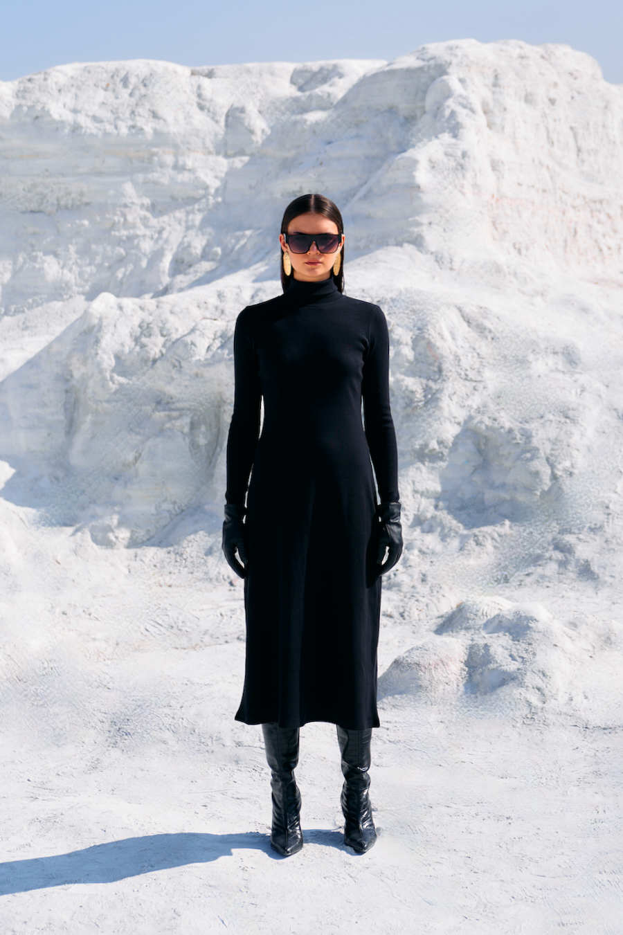 MATERIAL GIRL 02 BLACK KNITS FABRIC MIDI LENGTH WINTER DRESS WITH TURTLE NECK